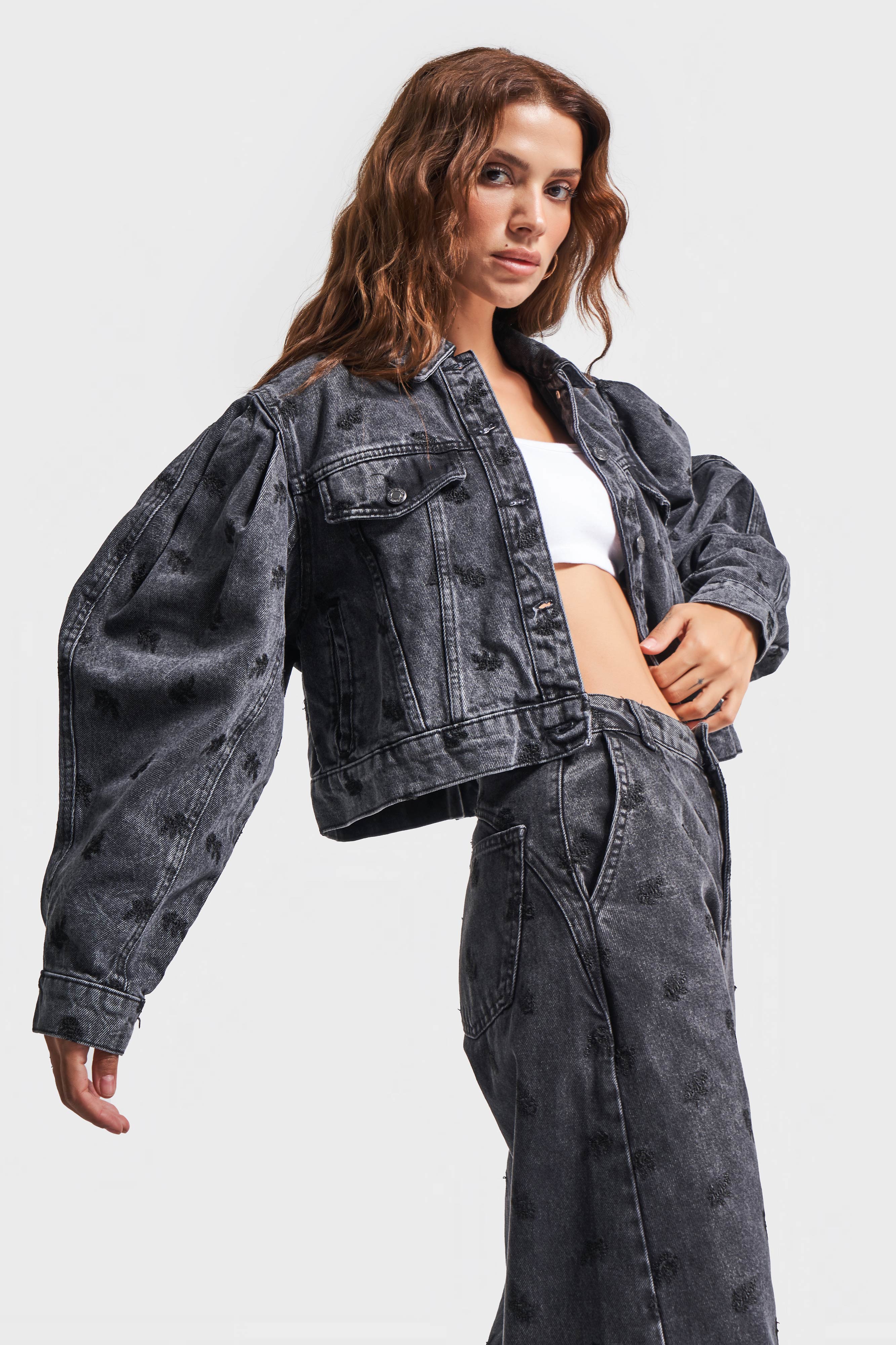 Women's Smoke Color Black Embroidered Loose Cut Design Jacket