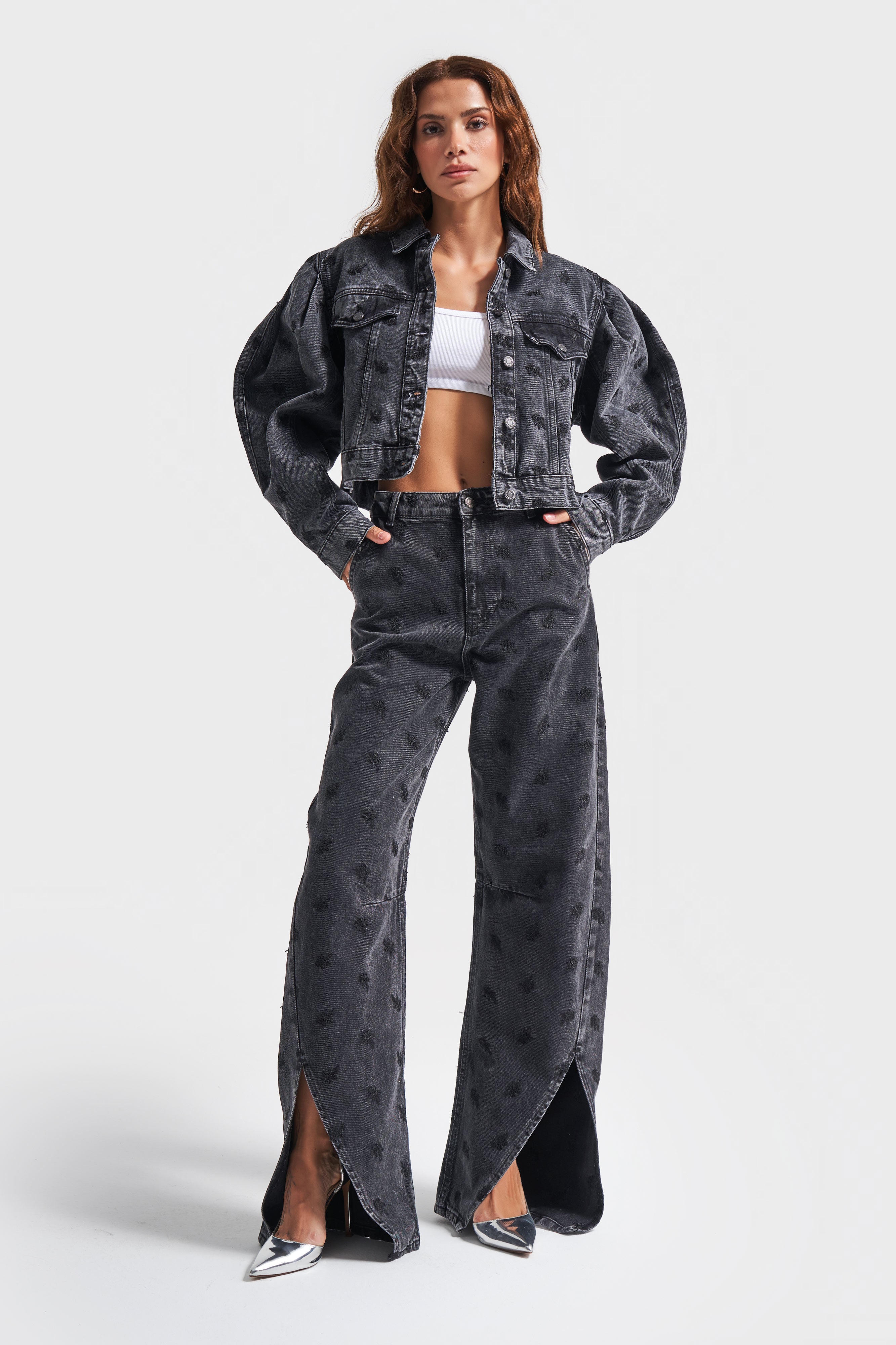Women's Smoke Color Black Embroidered Leg Detailed Barrel Fit Denim