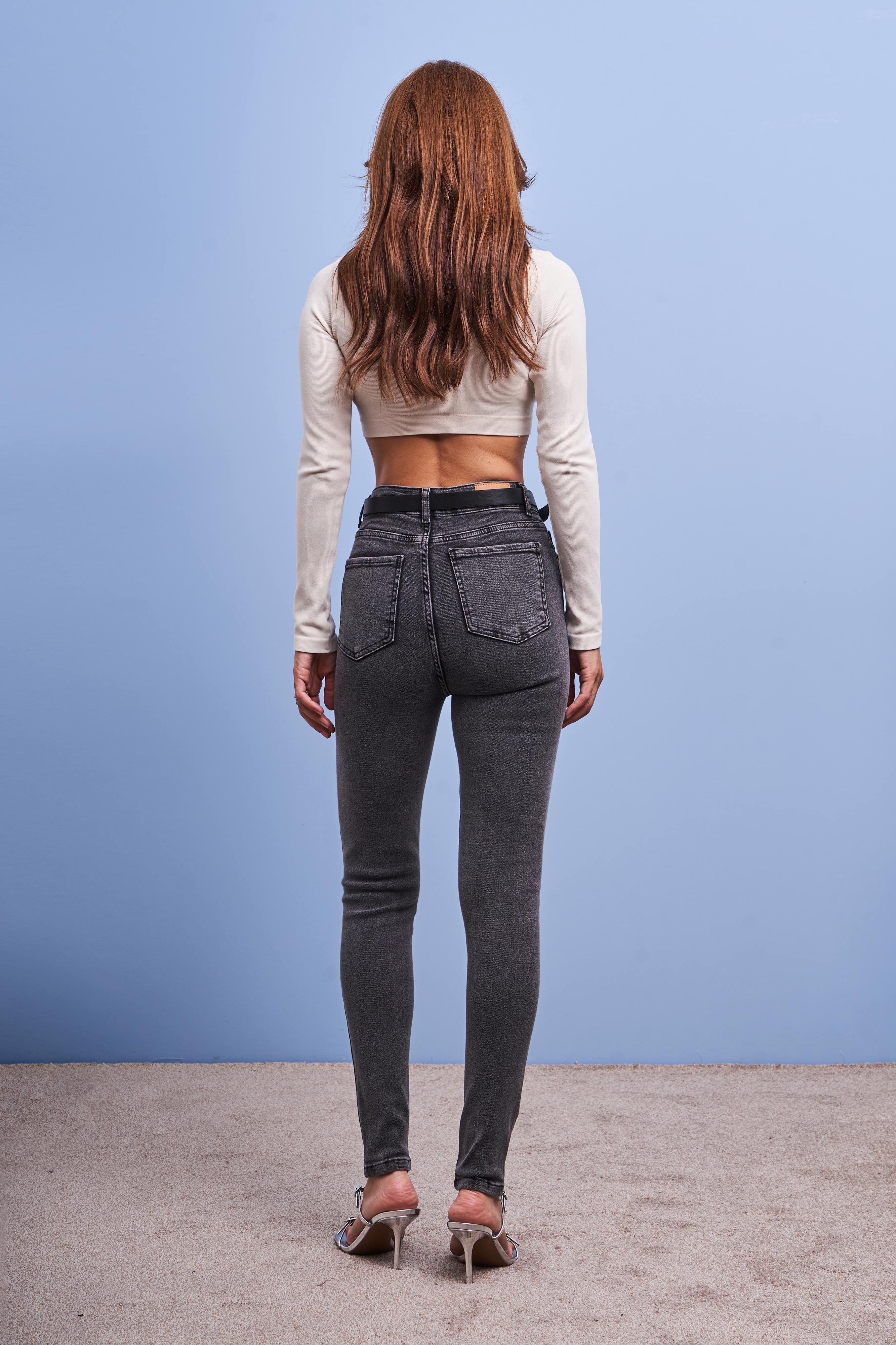 Women's Smoke Color Skinny Fit Lycra Fabric Belted Denim