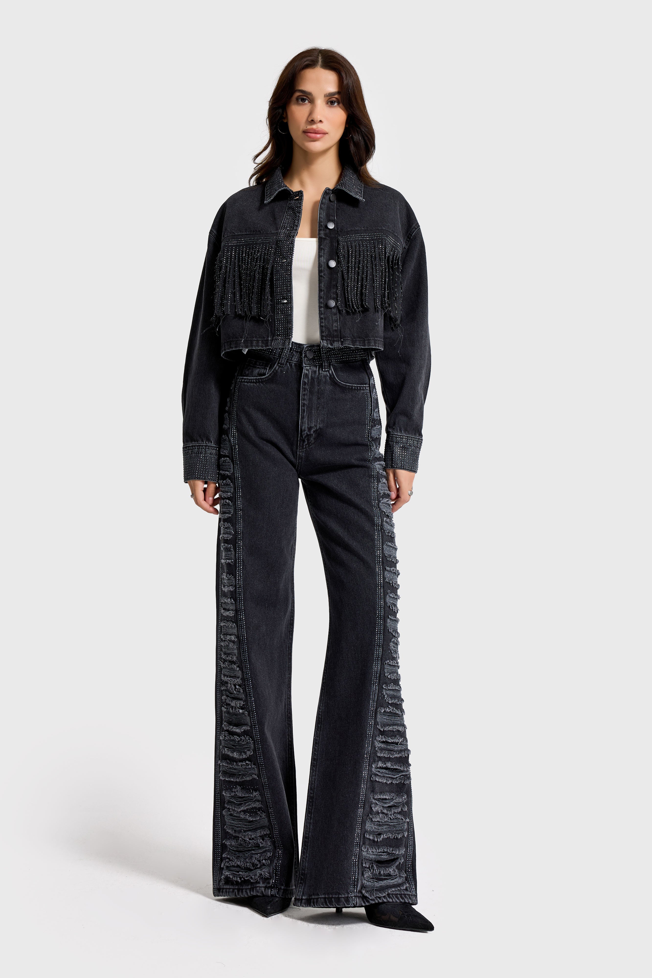 Kadın Füme Renk T-1w5-1 Crop Fit Düğmeli Özel Tasarım Denim Ceket