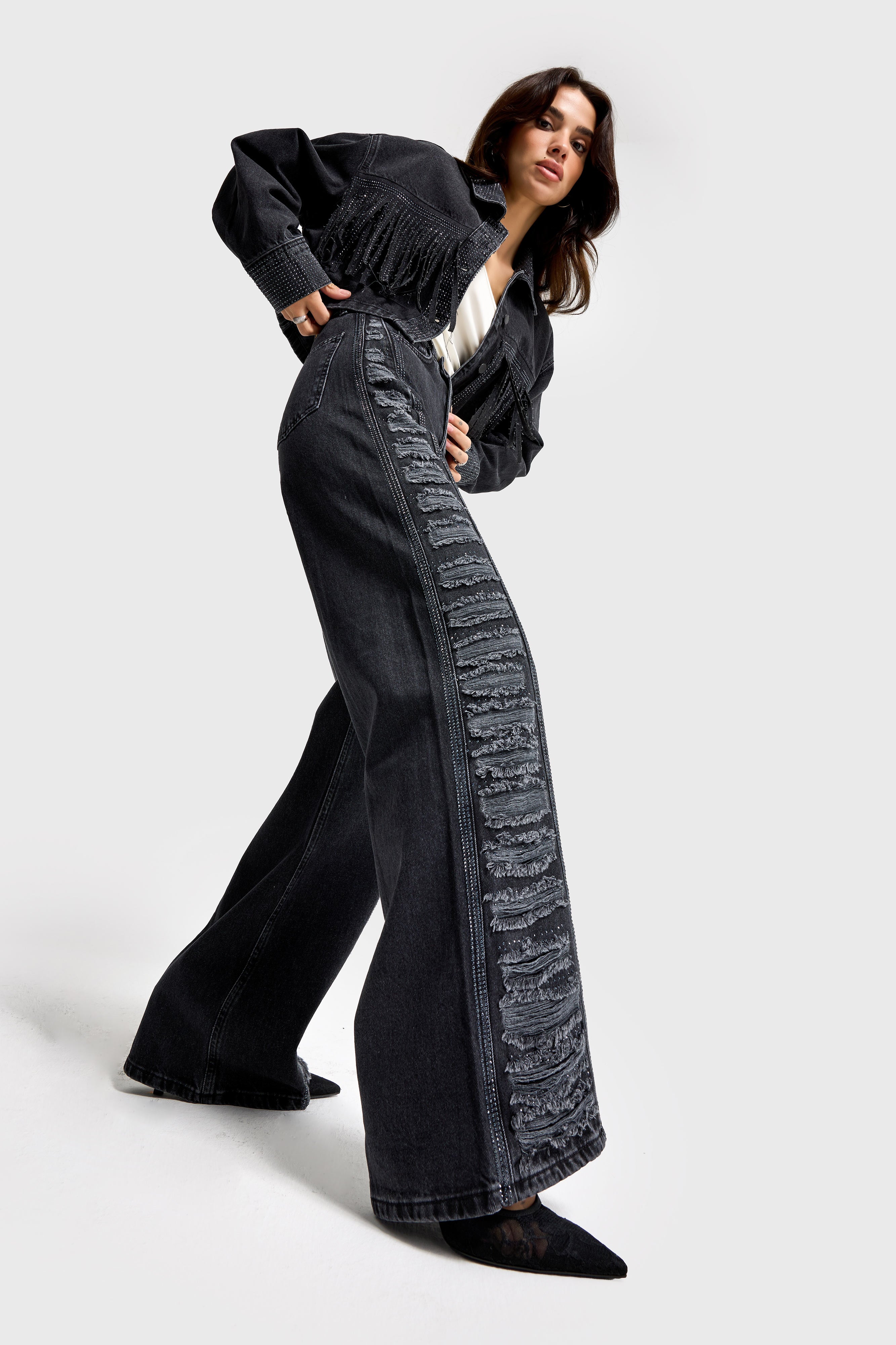 Kadın Füme Renk T-9w5-1 Flare Fit Özel Tasarım %100 Koton Denim Jean