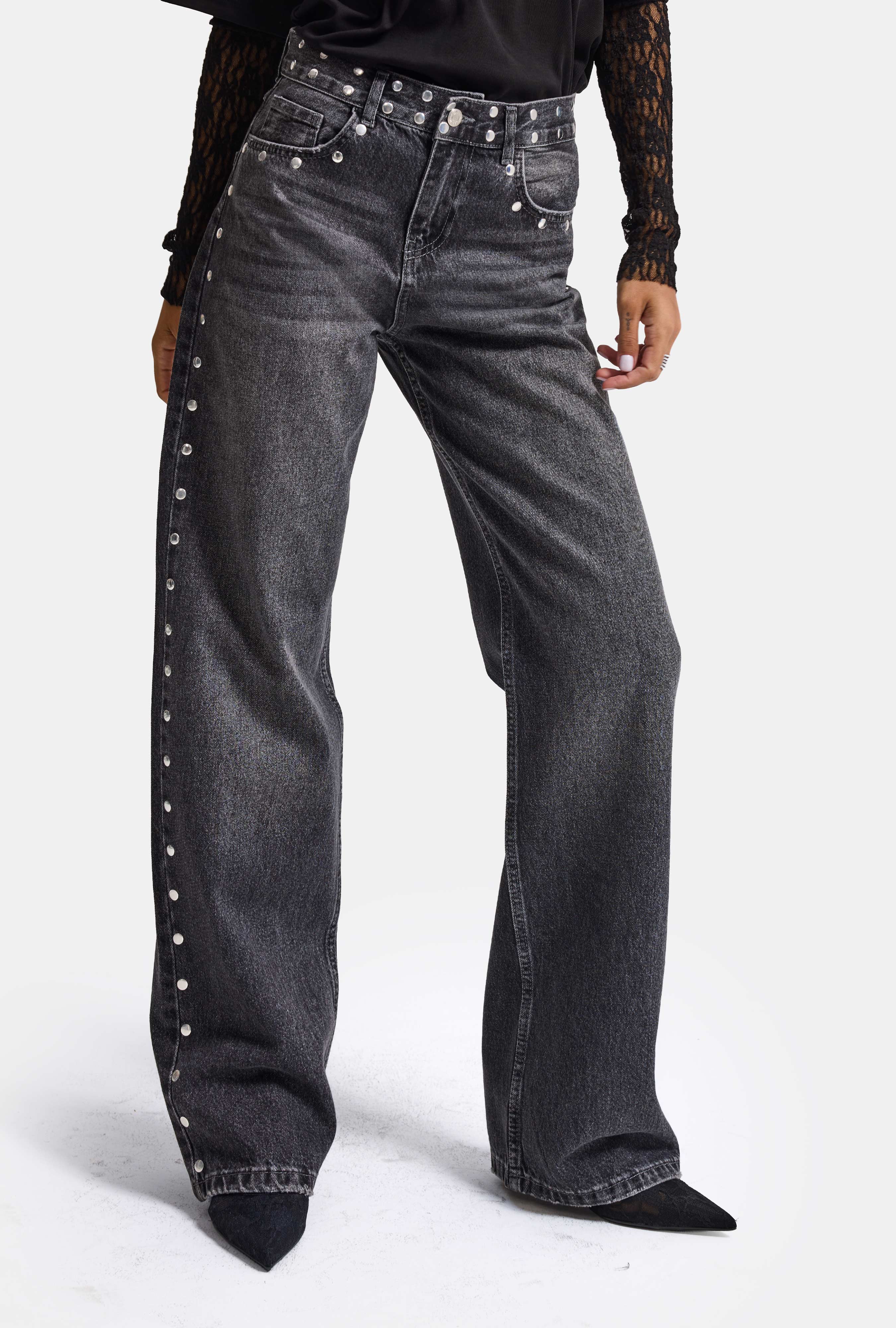 Kadın Füme T-2w6-13 Loose Fit Drop Detaylı Tasarım Denim Jean