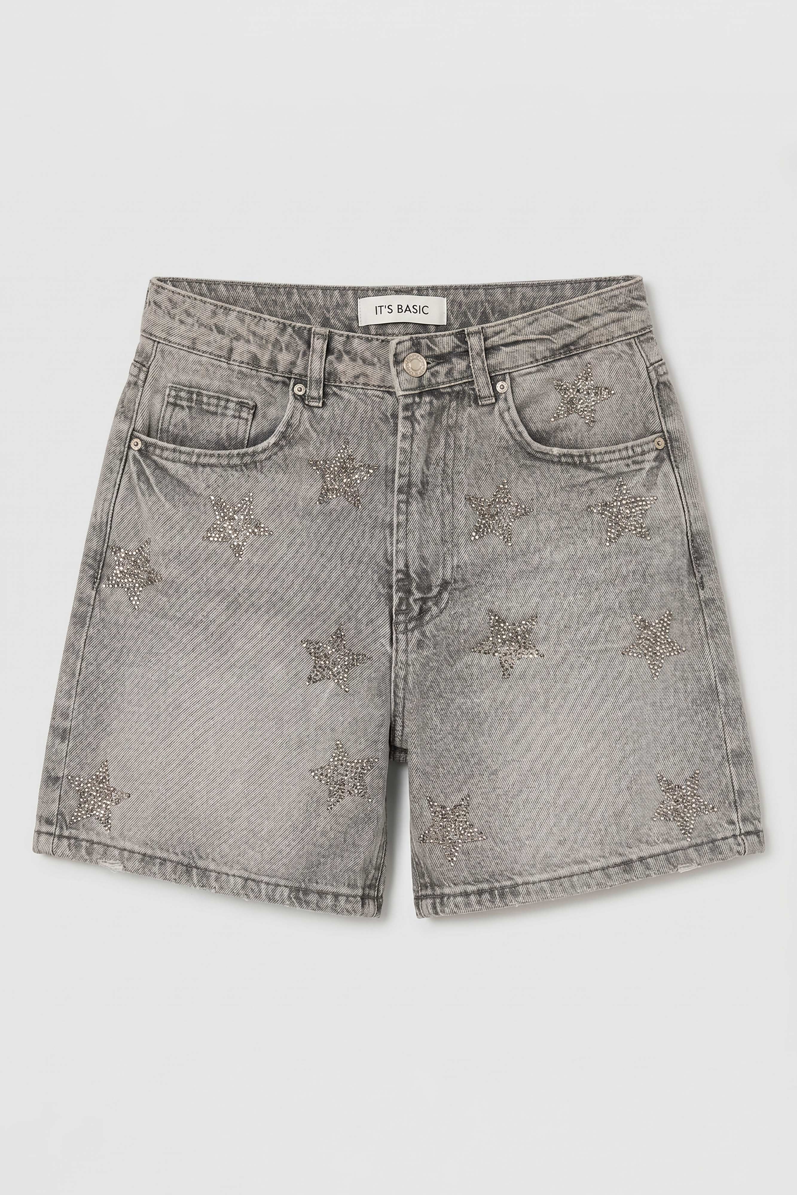 Women's Smoked T-4s6-12 Mom Relax Star Detail Design Denim Shorts