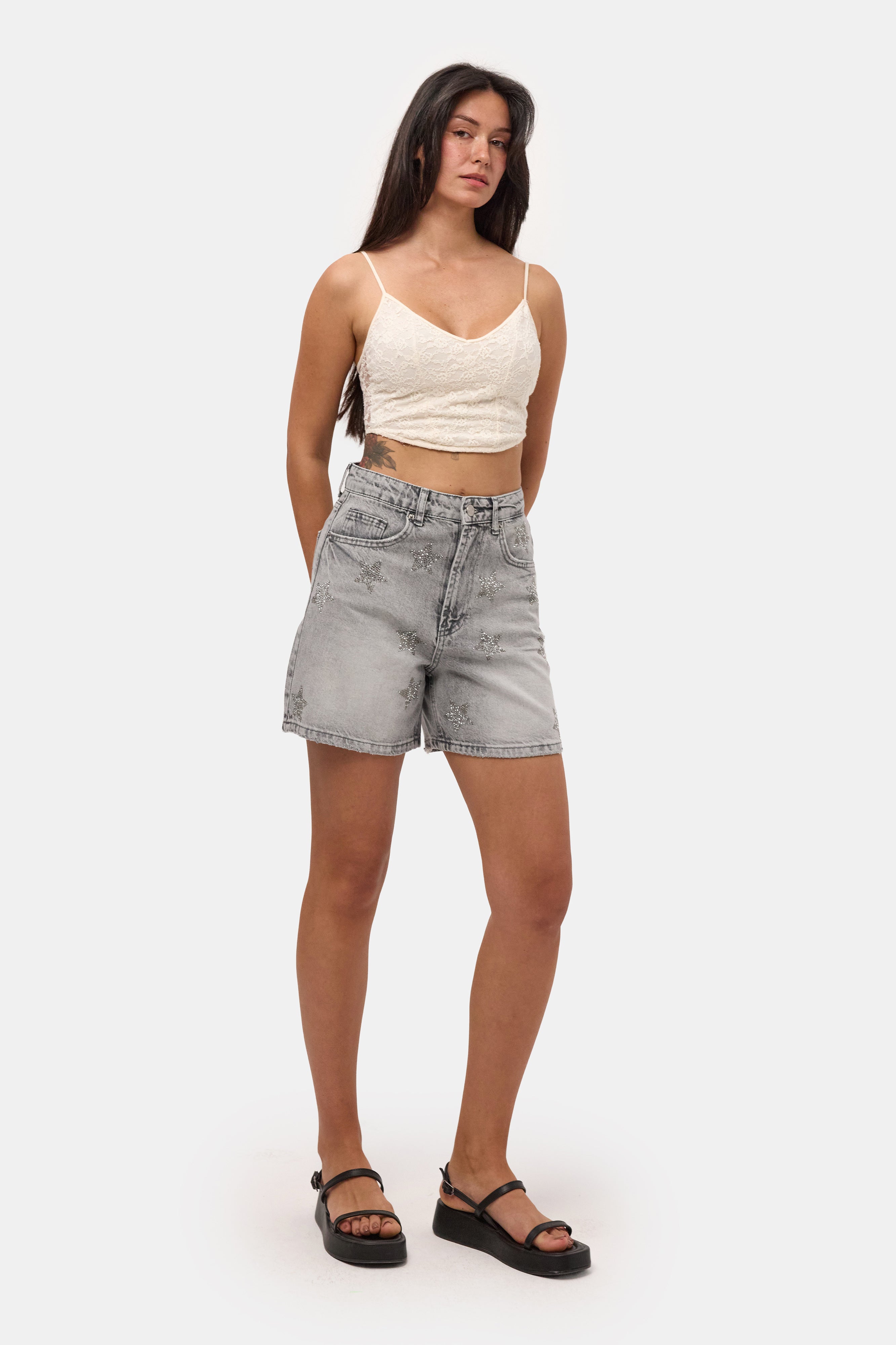 Women's Smoked T-4s6-12 Mom Relax Star Detail Design Denim Shorts