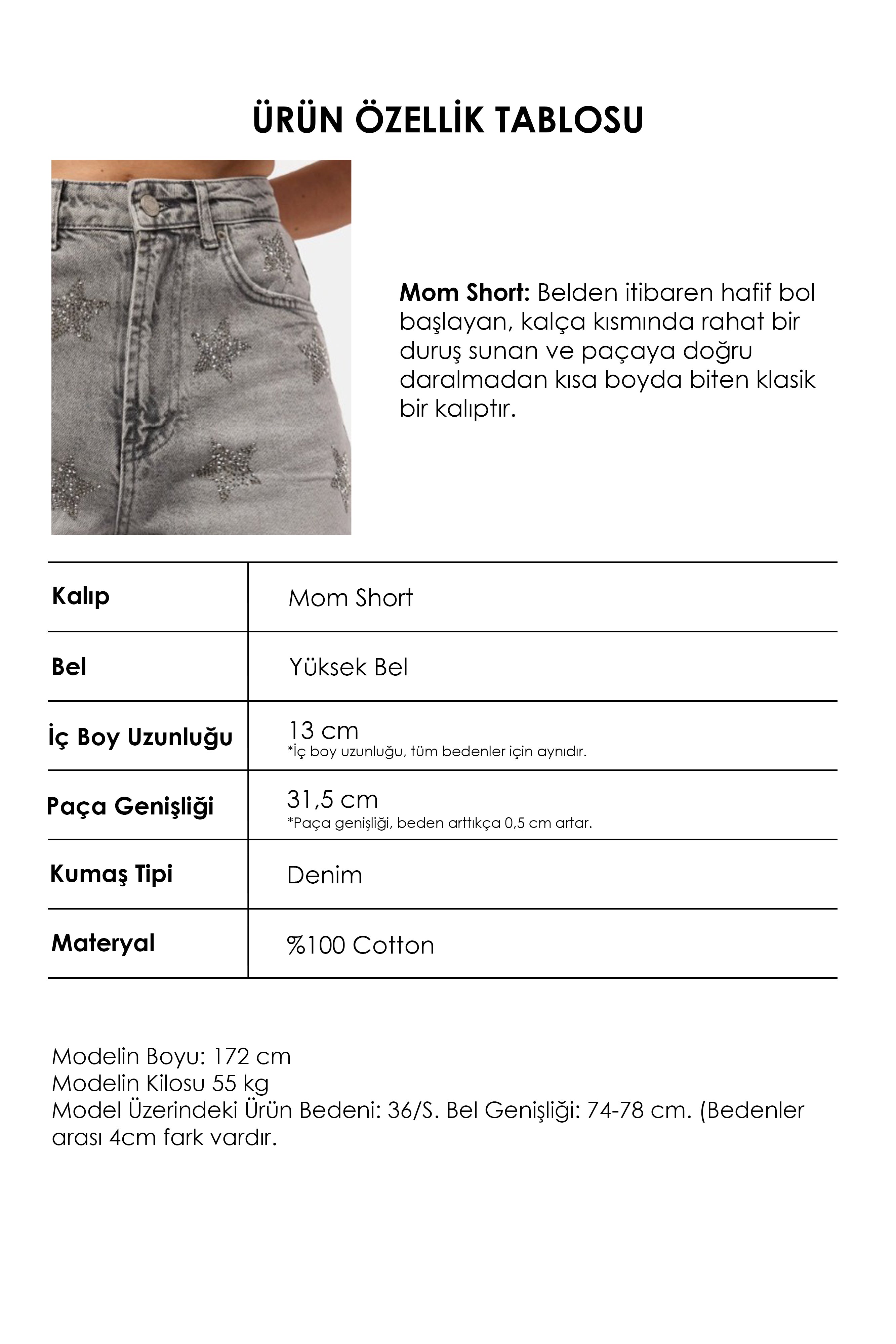 Women's Smoked T-4s6-12 Mom Relax Star Detail Design Denim Shorts