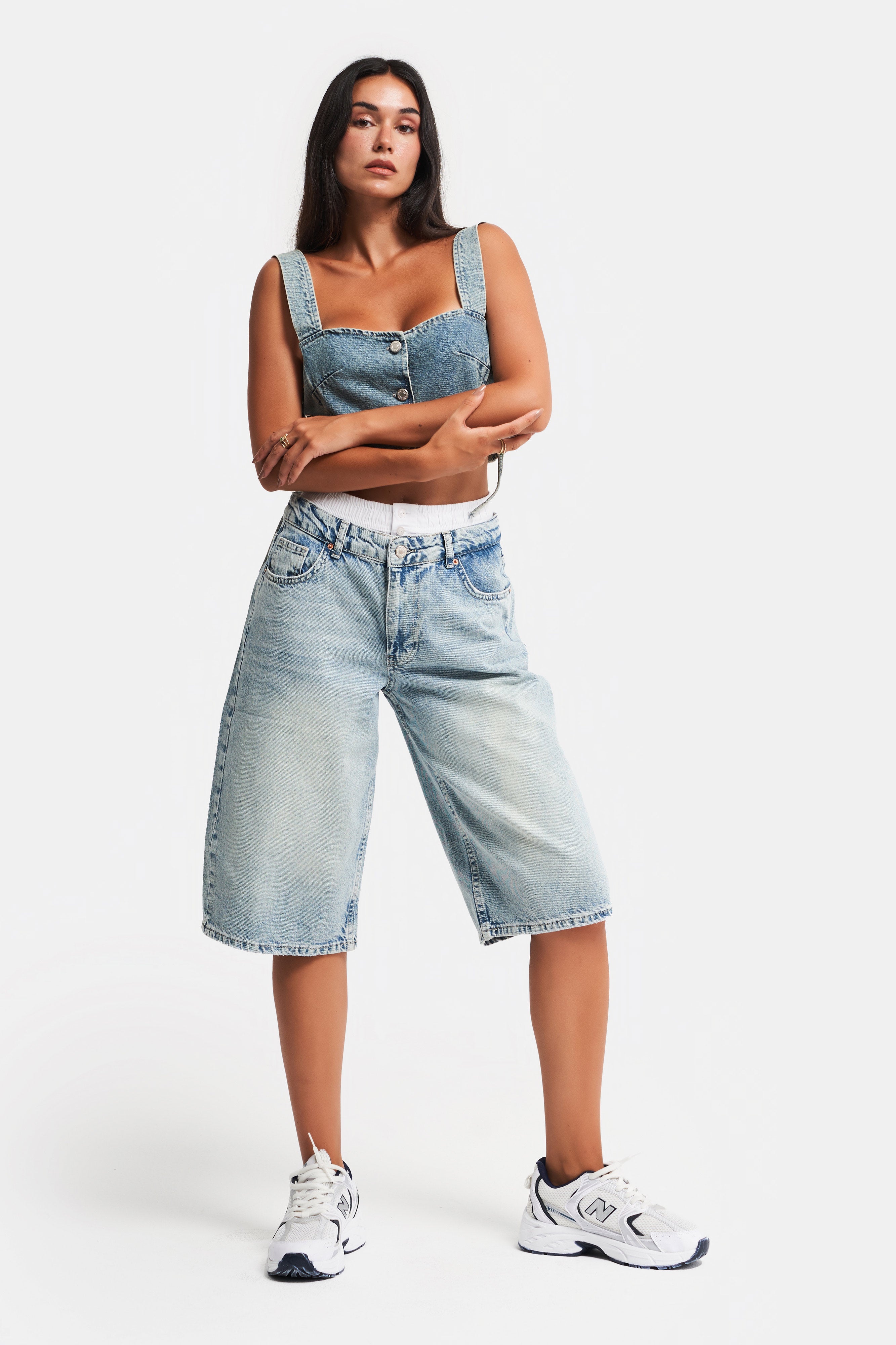 Kadın G Kot Rengi Süper Uzun Boxer Detaylı Wide Leg Denim Şort