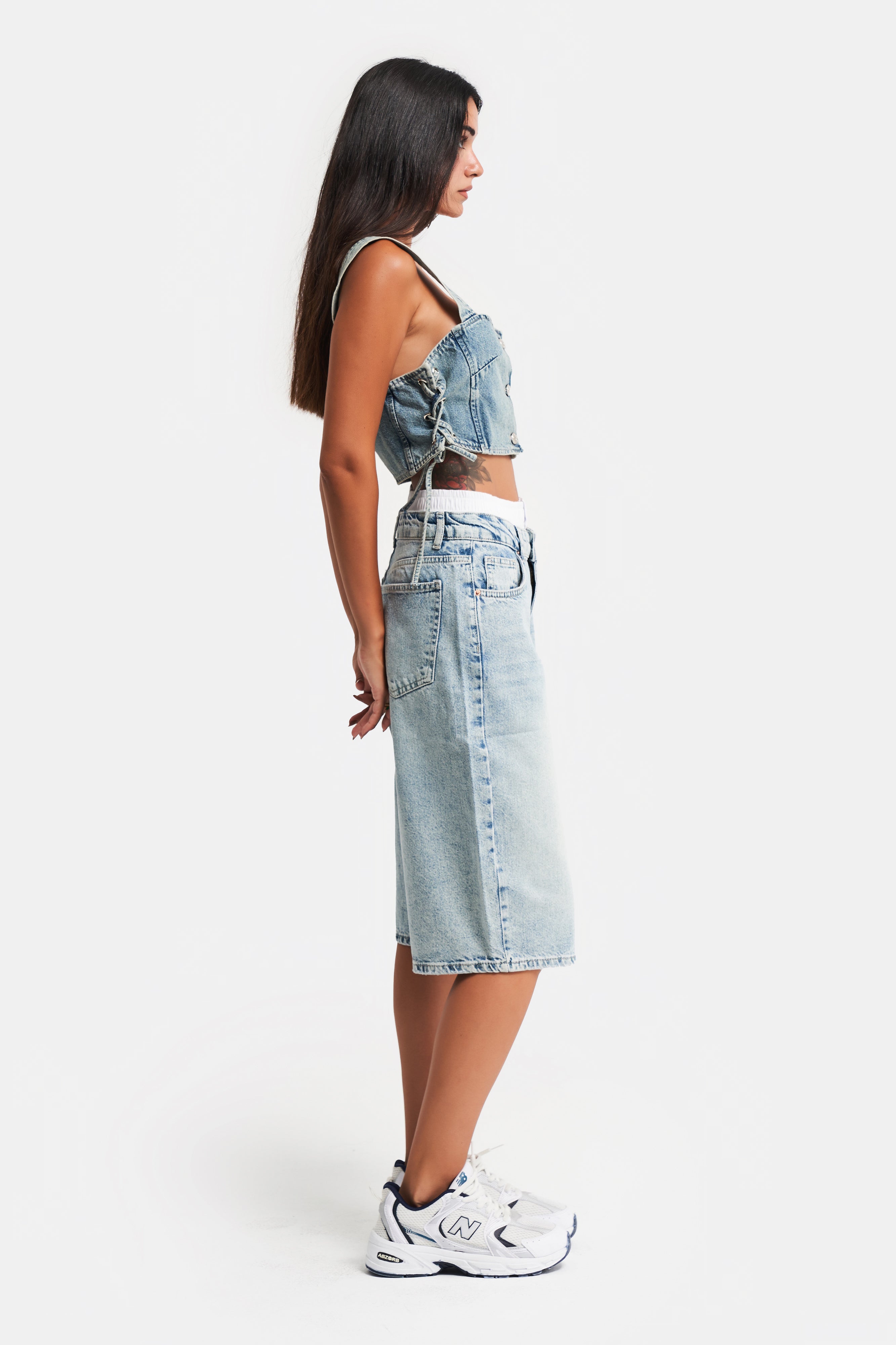 Kadın G Kot Rengi Süper Uzun Boxer Detaylı Wide Leg Denim Şort