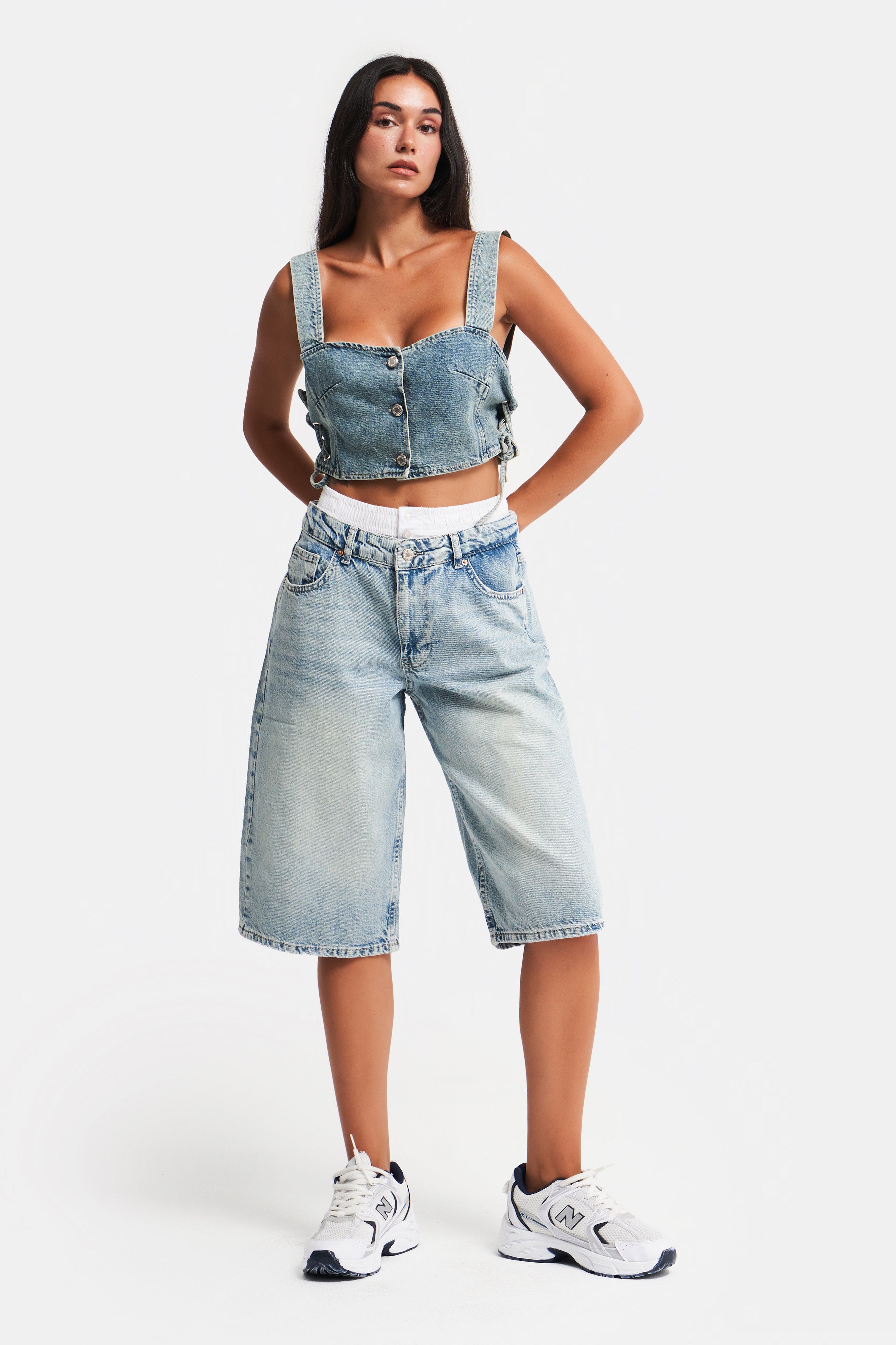 Kadın G Kot Rengi Süper Uzun Boxer Detaylı Wide Leg Denim Şort