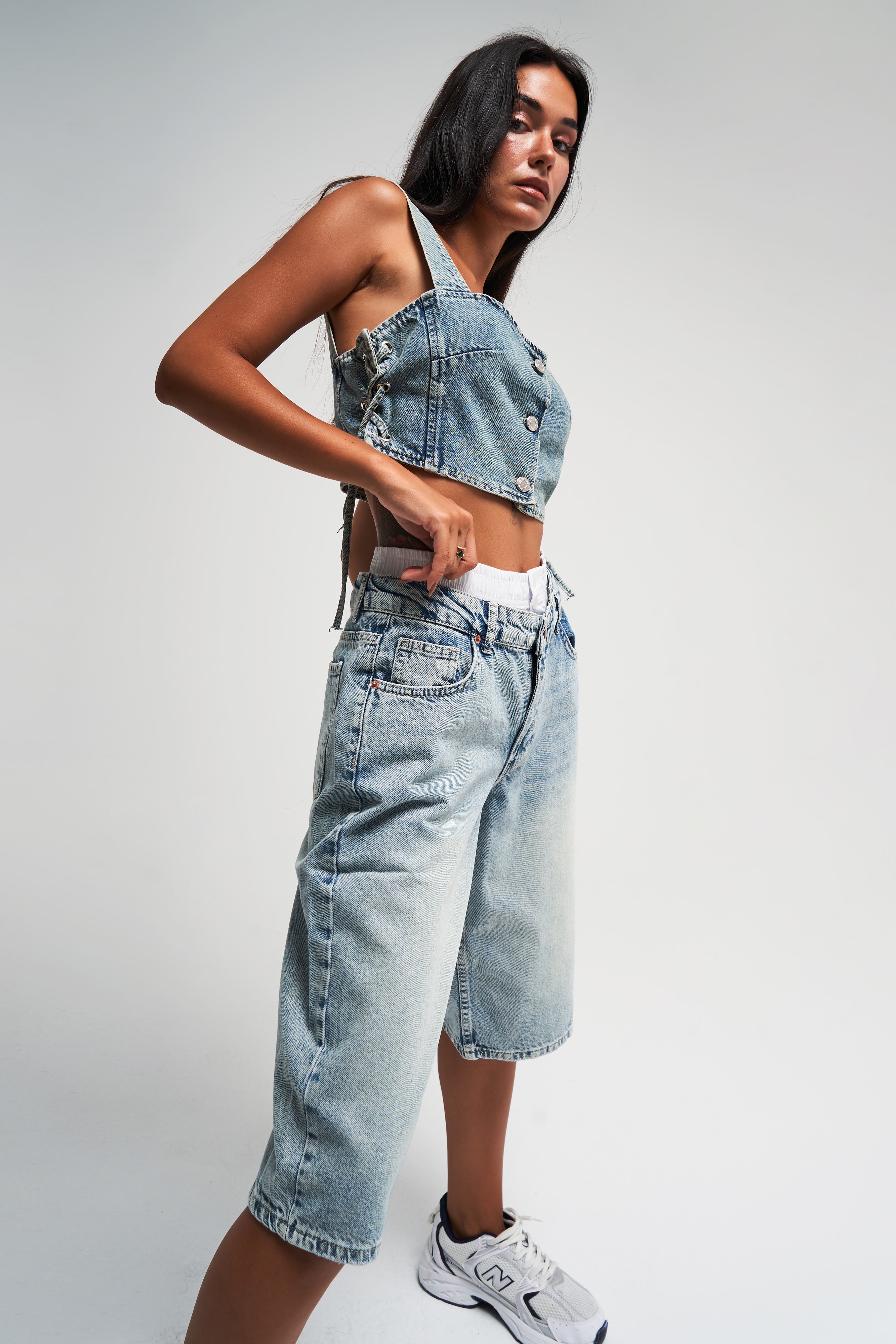 Kadın G Kot Rengi Süper Uzun Boxer Detaylı Wide Leg Denim Şort