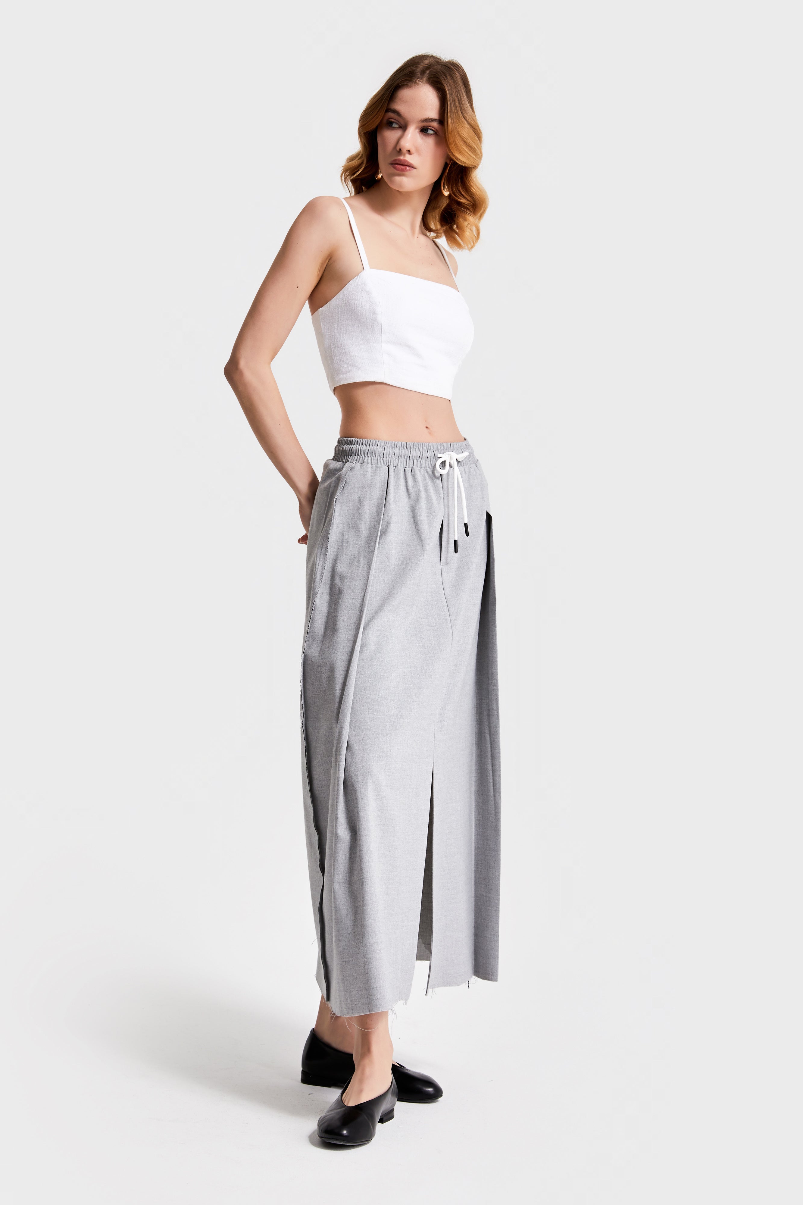 Women's Gray Color Elastic Waist Slit Maxi Length Design Fabric Skirt