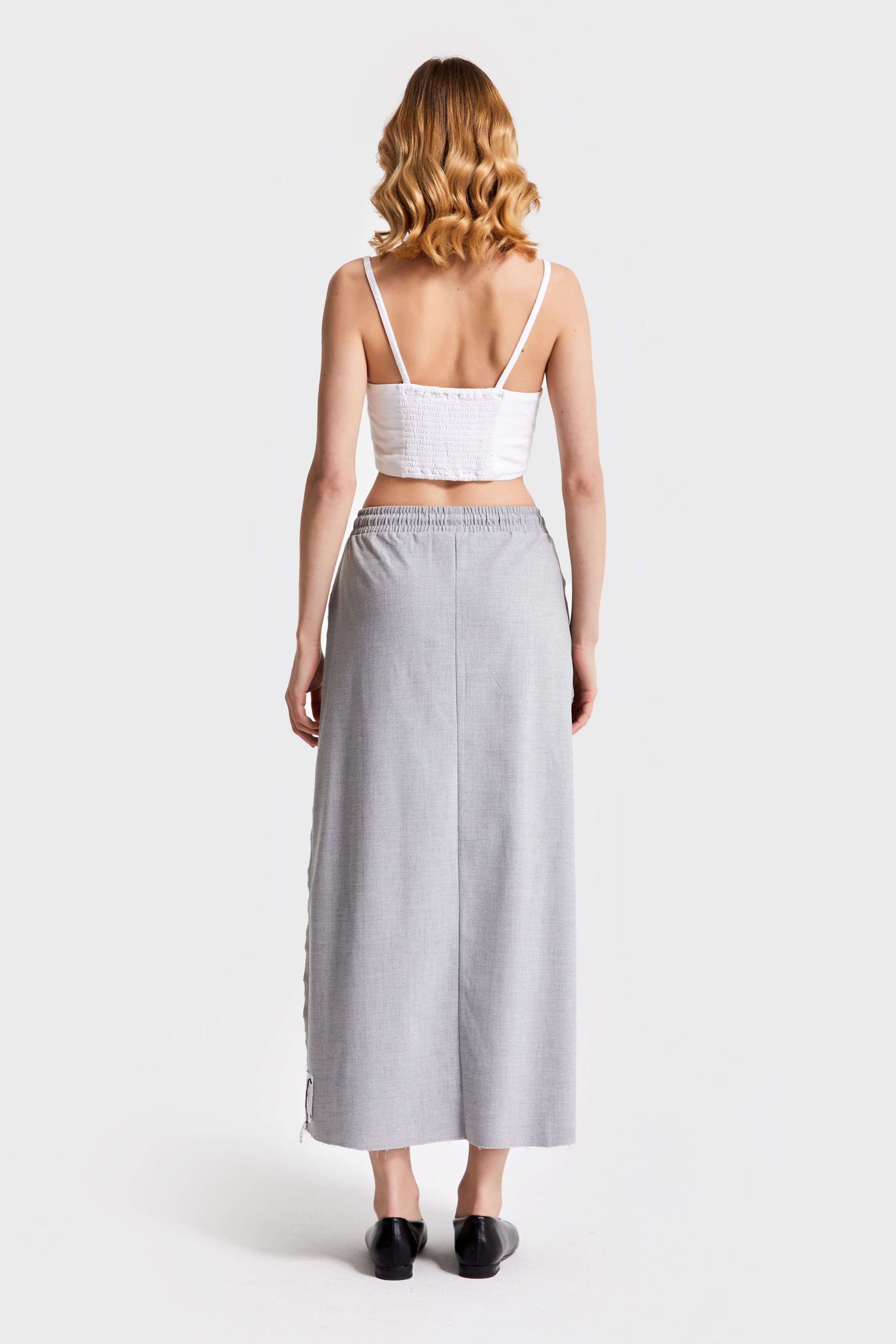Women's Gray Color Elastic Waist Slit Maxi Length Design Fabric Skirt