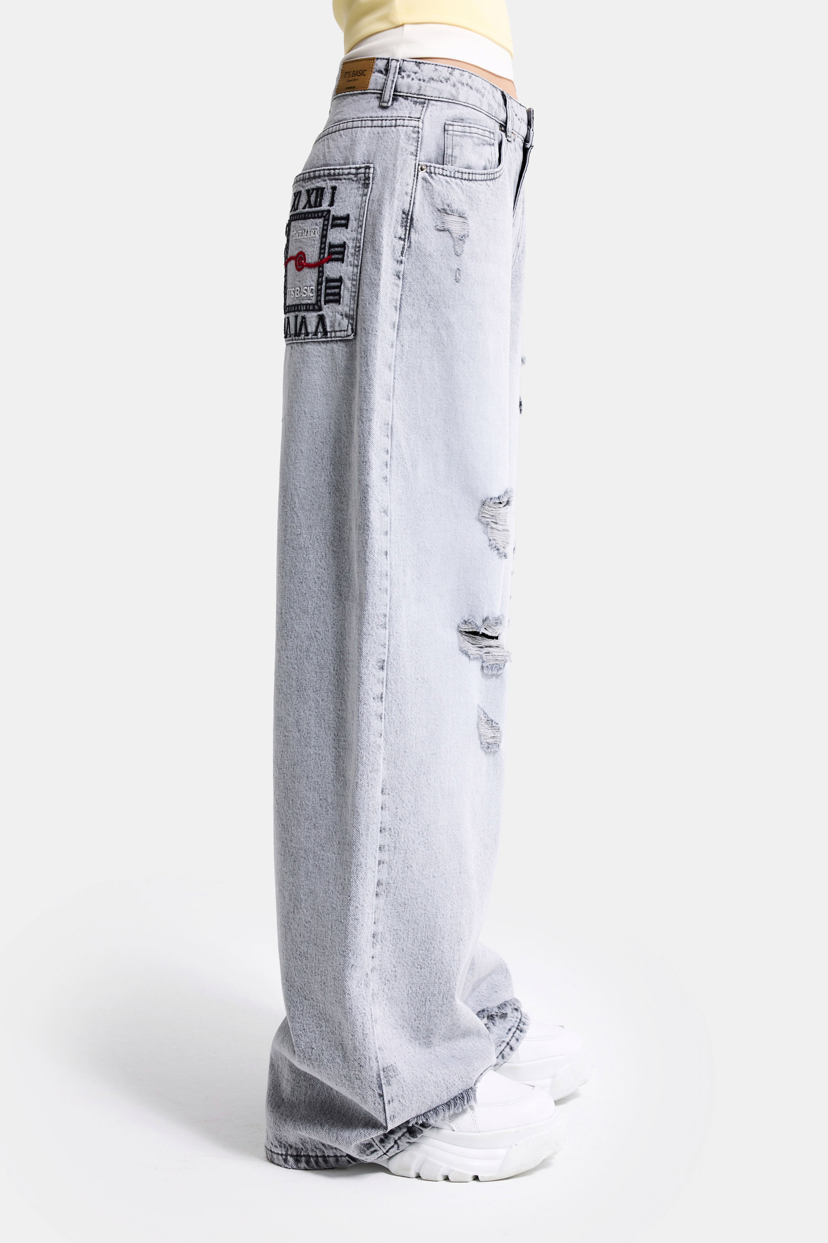 Kadın Gri 12s6-12 Süper Baggy Fit Yırtık ve Nakış Detaylı Özel Tasarım Denim Jean