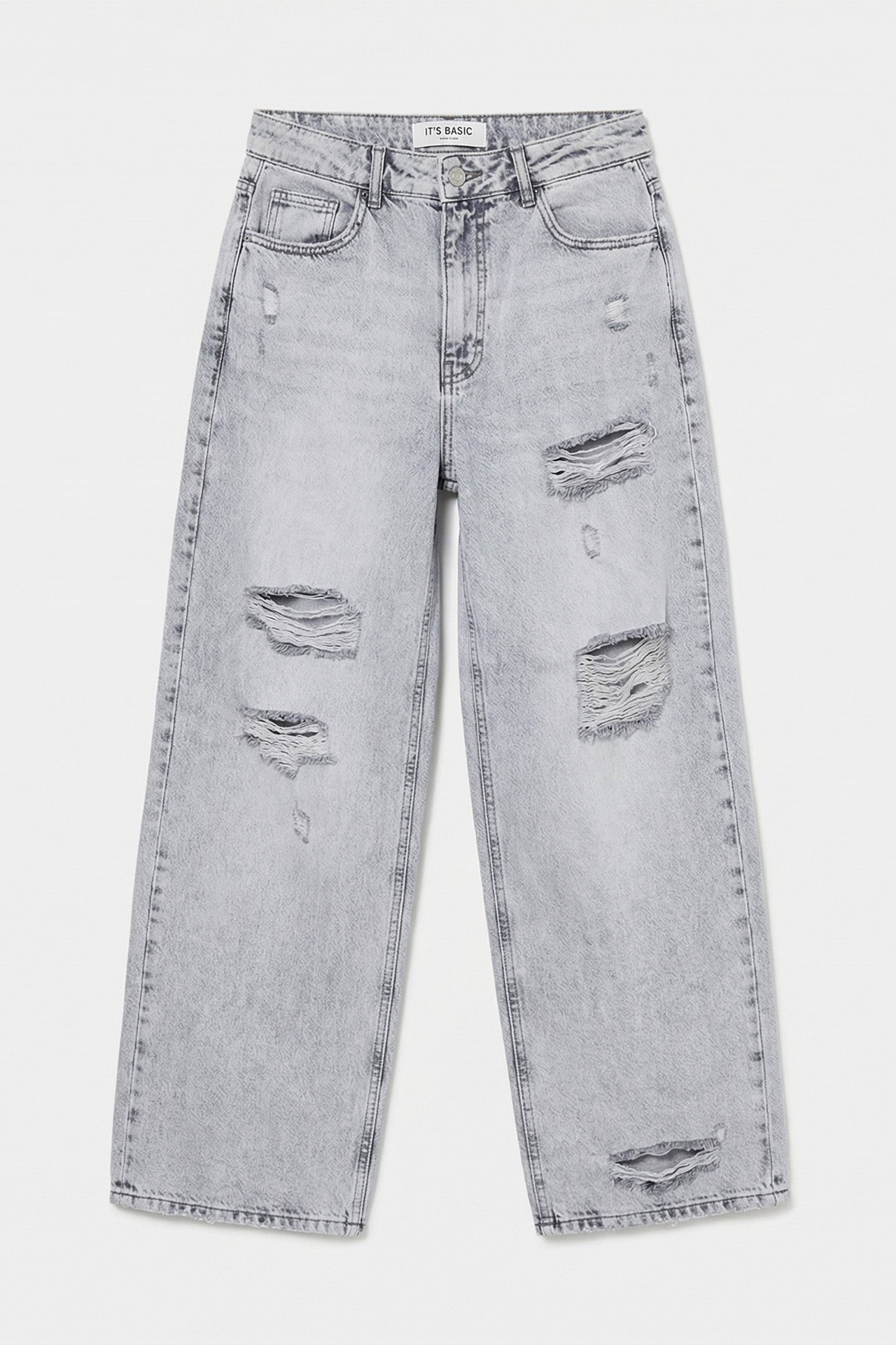 Kadın Gri 12s6-12 Süper Baggy Fit Yırtık ve Nakış Detaylı Özel Tasarım Denim Jean