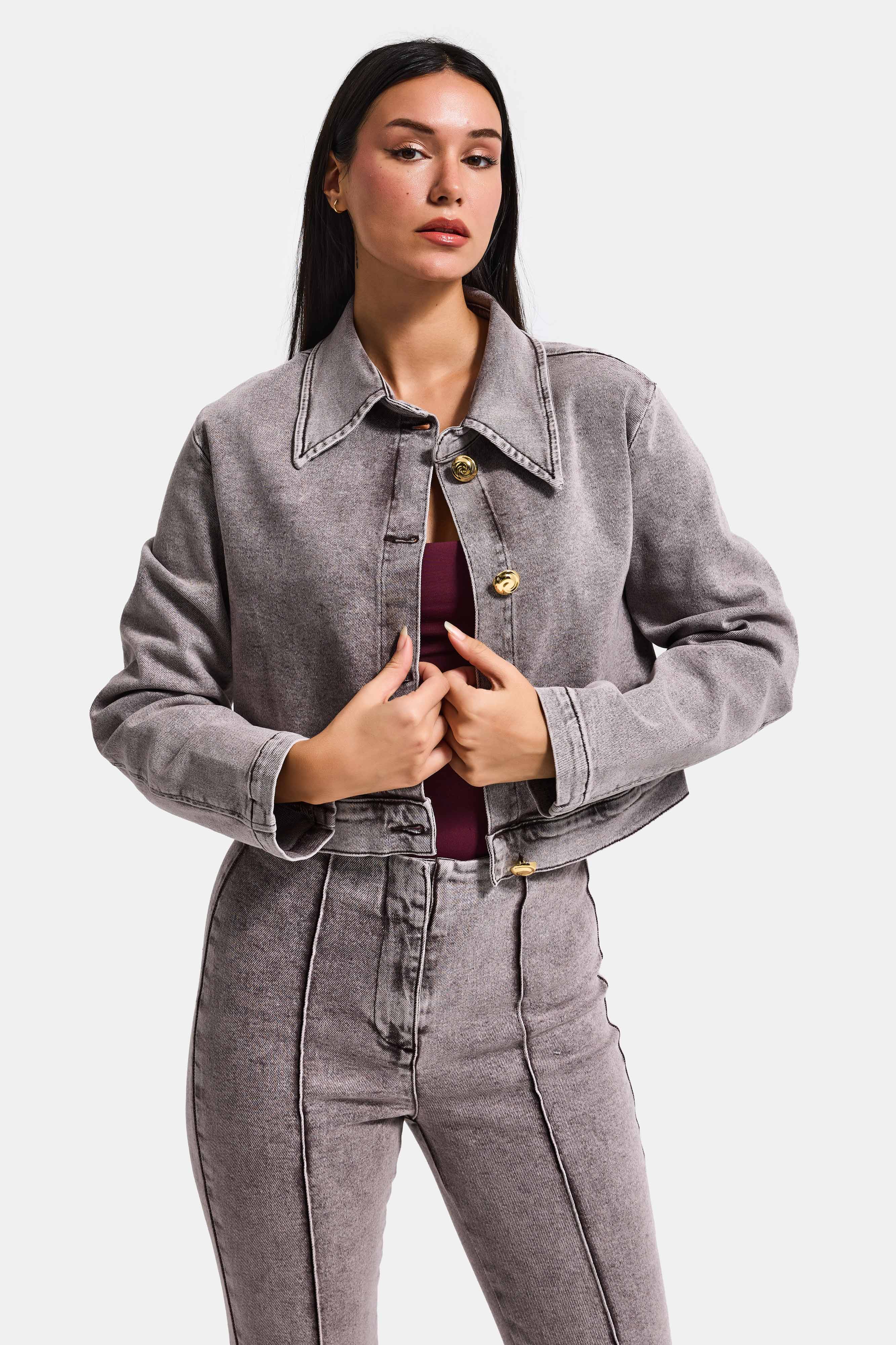 Kadın Gri 3s6-158 Crop Fit Esnek Kumaş Düğmeli Denim Ceket