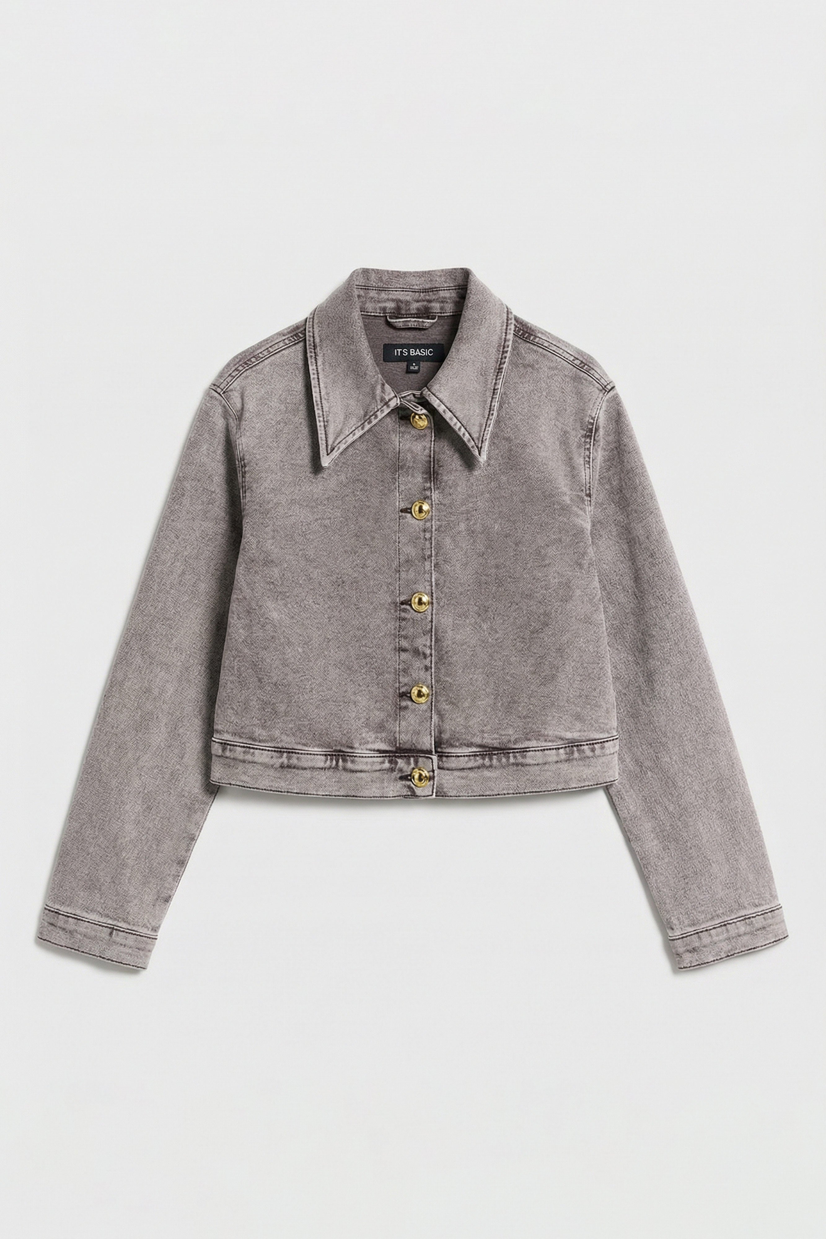 Kadın Gri 3s6-158 Crop Fit Esnek Kumaş Düğmeli Denim Ceket