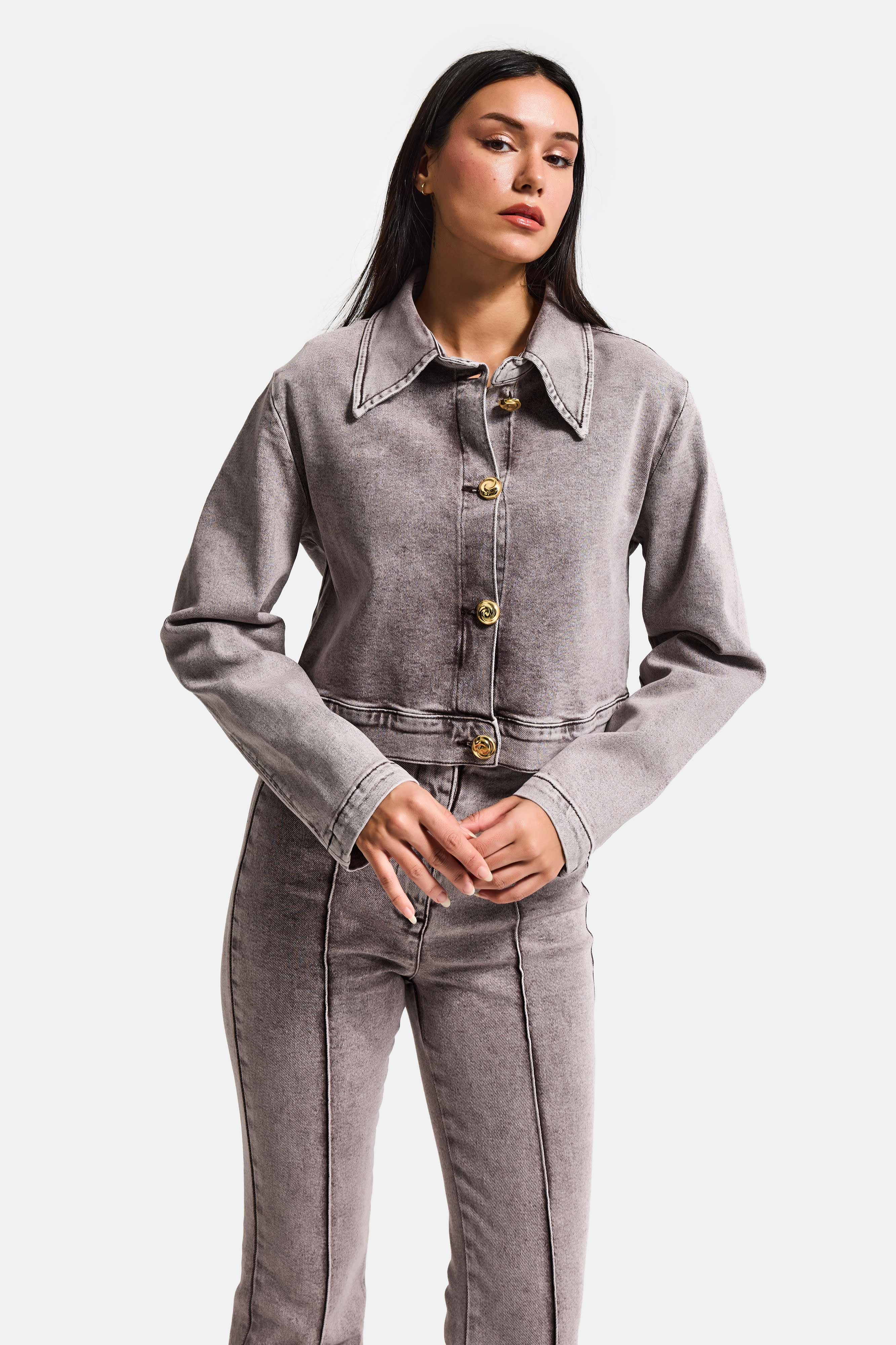 Kadın Gri 3s6-158 Crop Fit Esnek Kumaş Düğmeli Denim Ceket