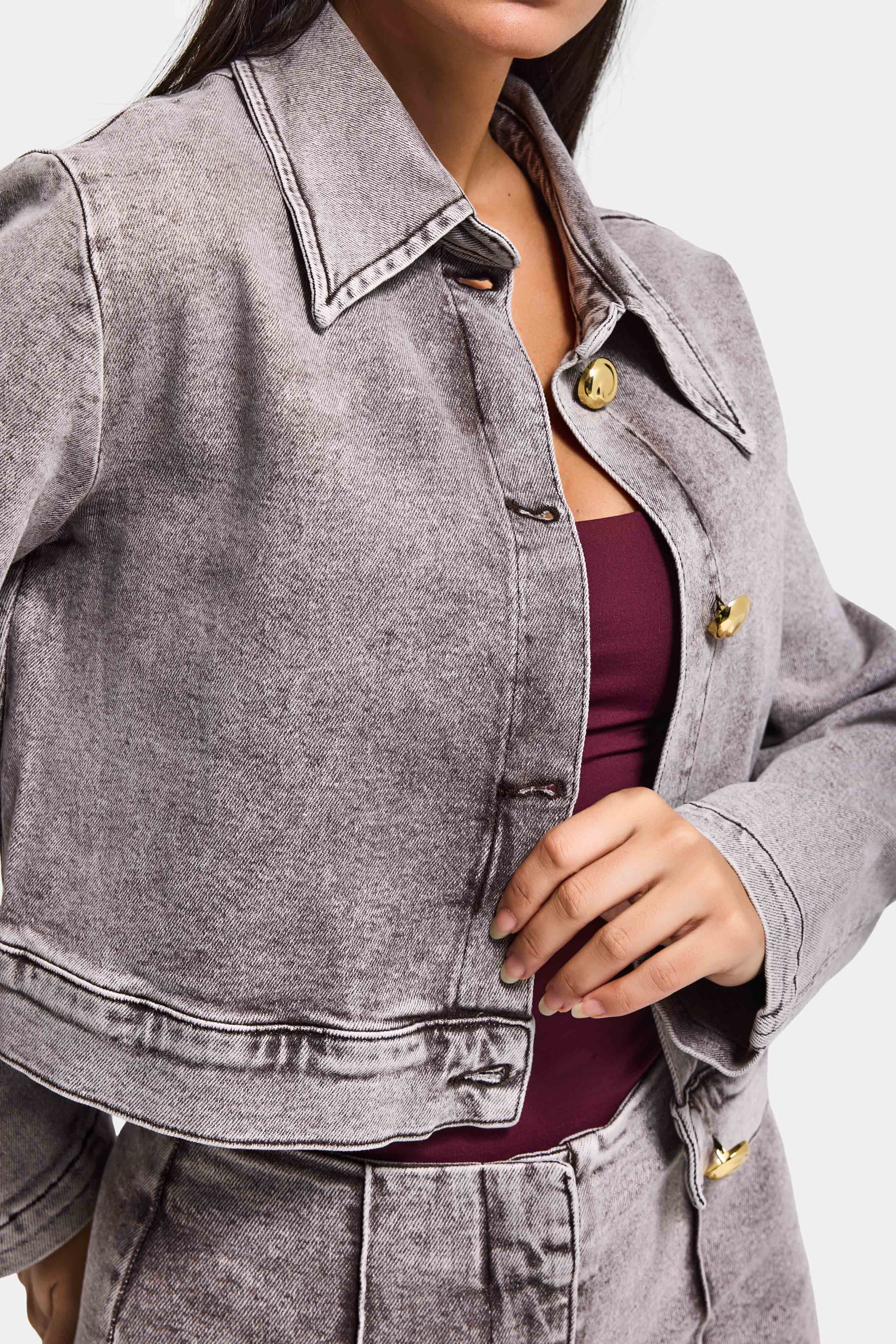 Kadın Gri 3s6-158 Crop Fit Esnek Kumaş Düğmeli Denim Ceket