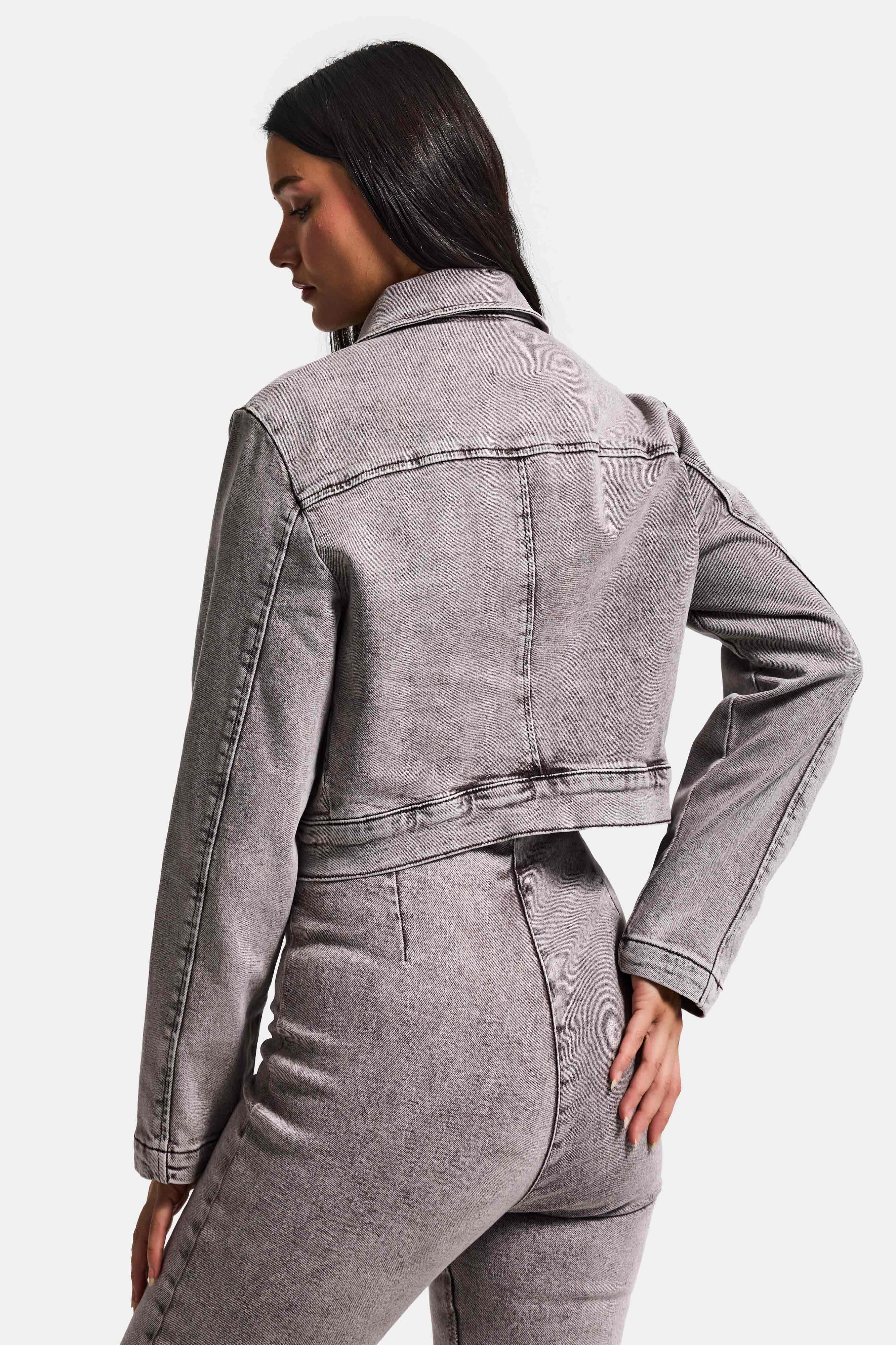 Kadın Gri 3s6-158 Crop Fit Esnek Kumaş Düğmeli Denim Ceket