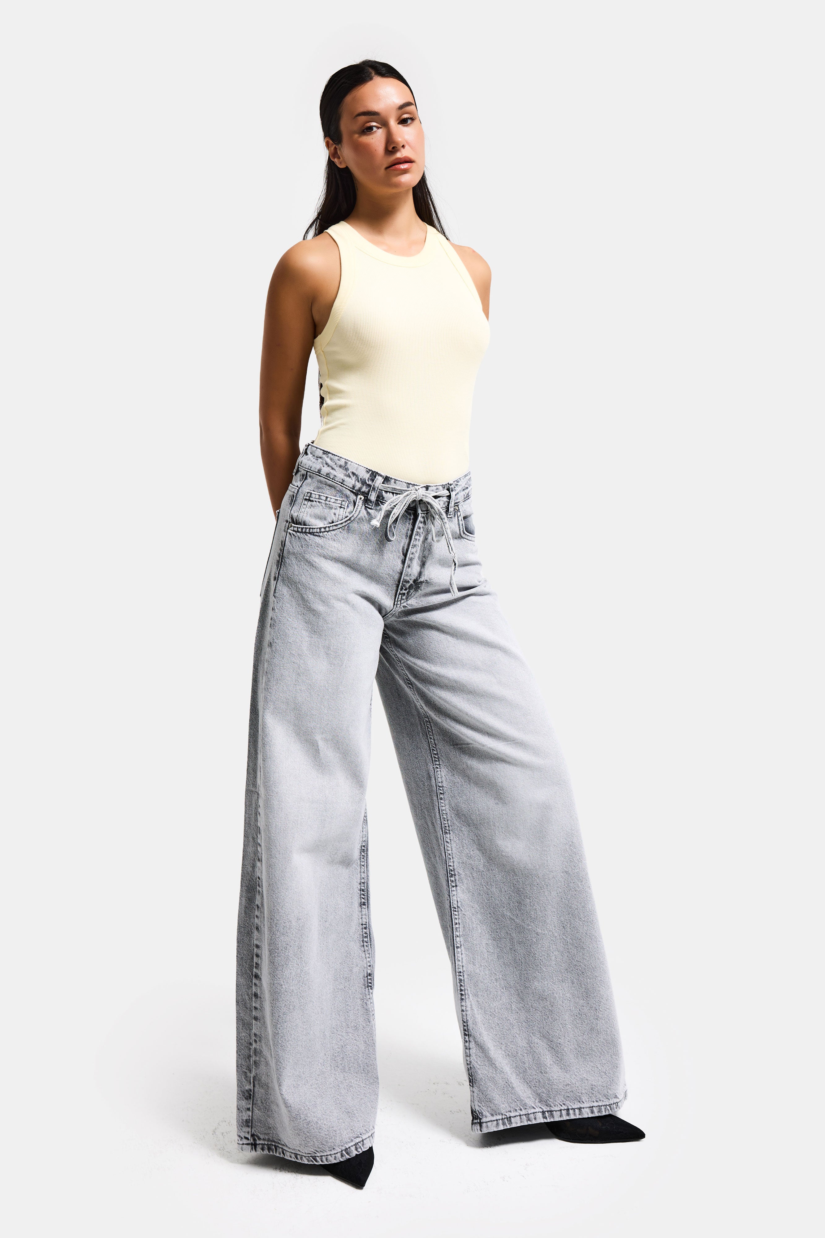 Kadın Gri 4s5-12 Palazzo Fit Bağcıklı %100 Koton Denim Jean