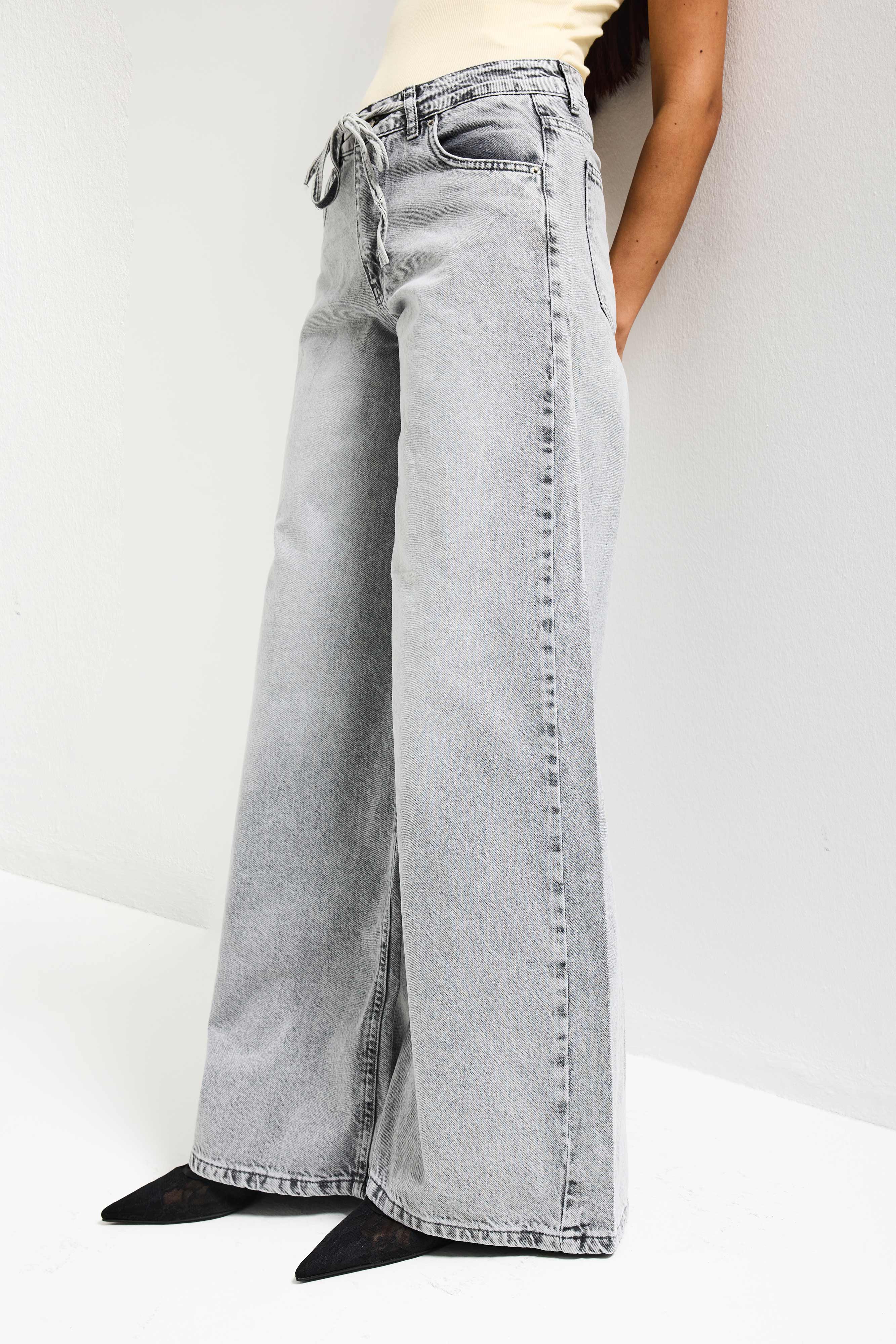 Kadın Gri 4s5-12 Palazzo Fit Bağcıklı %100 Koton Denim Jean