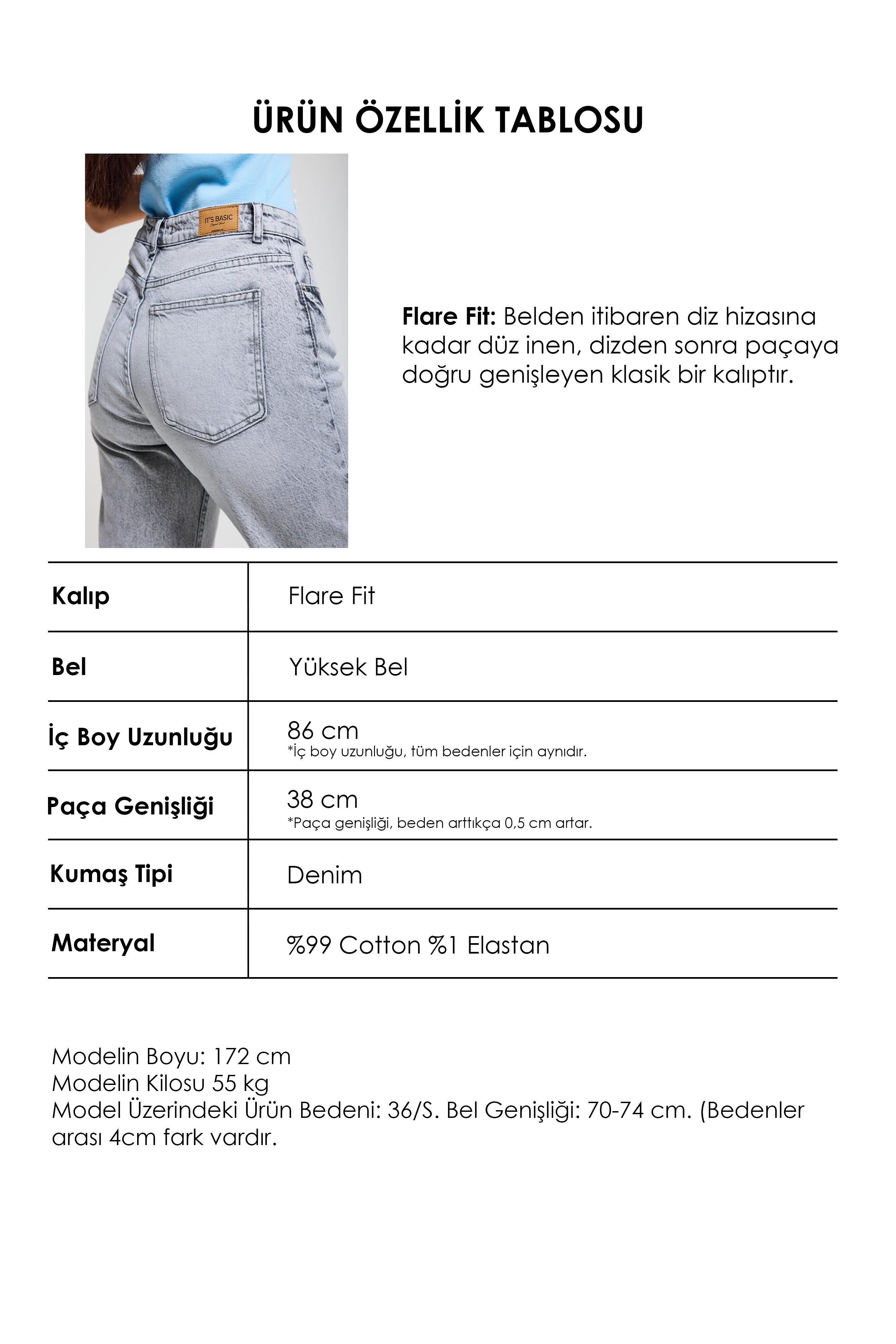 Kadın Gri 4s6-12 Flare Fit Komfort Kumaş Denim Jean