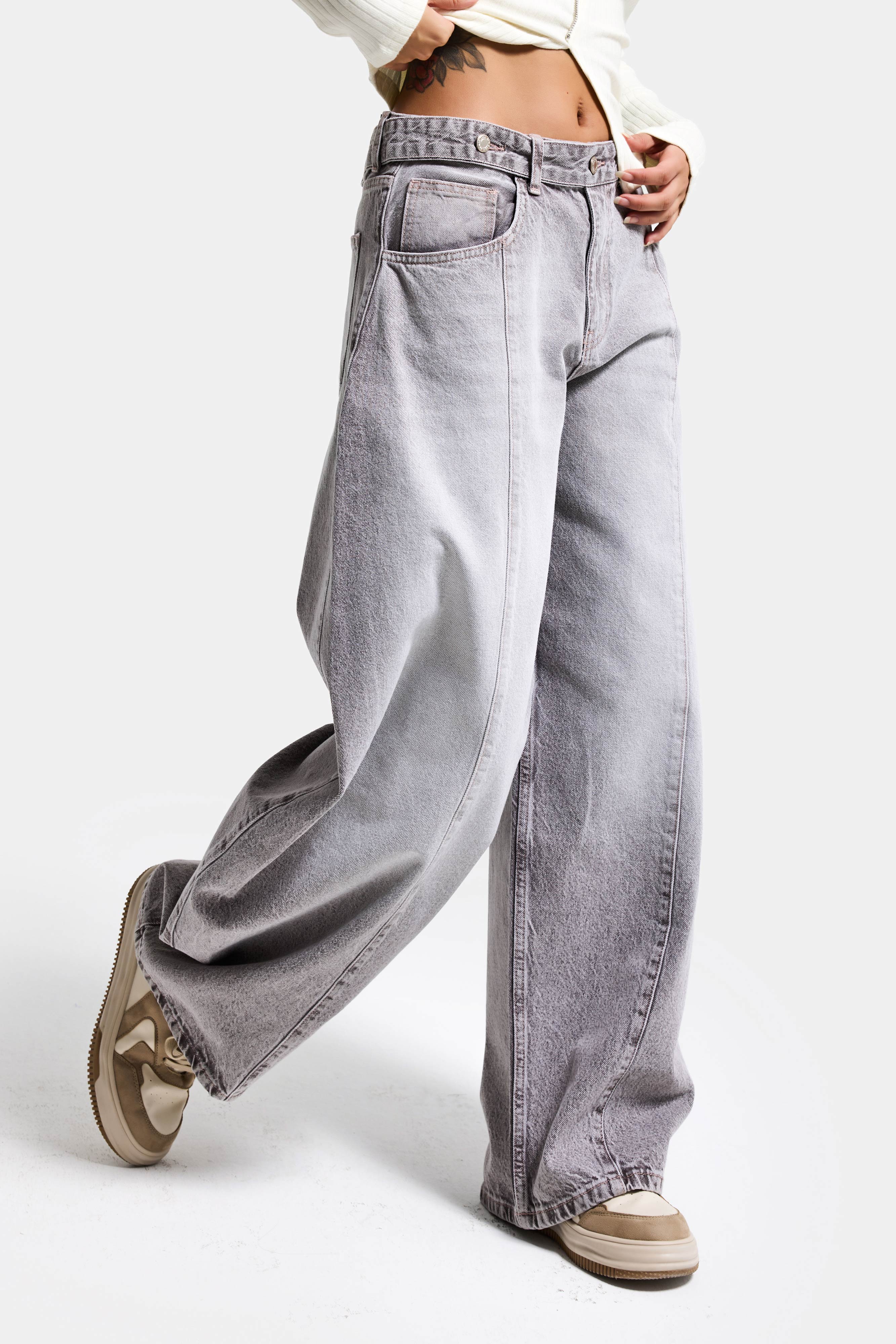 Kadın Gri 4s6-158 Low Rise Baggy Fit Kemer Detaylı Bol Kesim Denim Jean