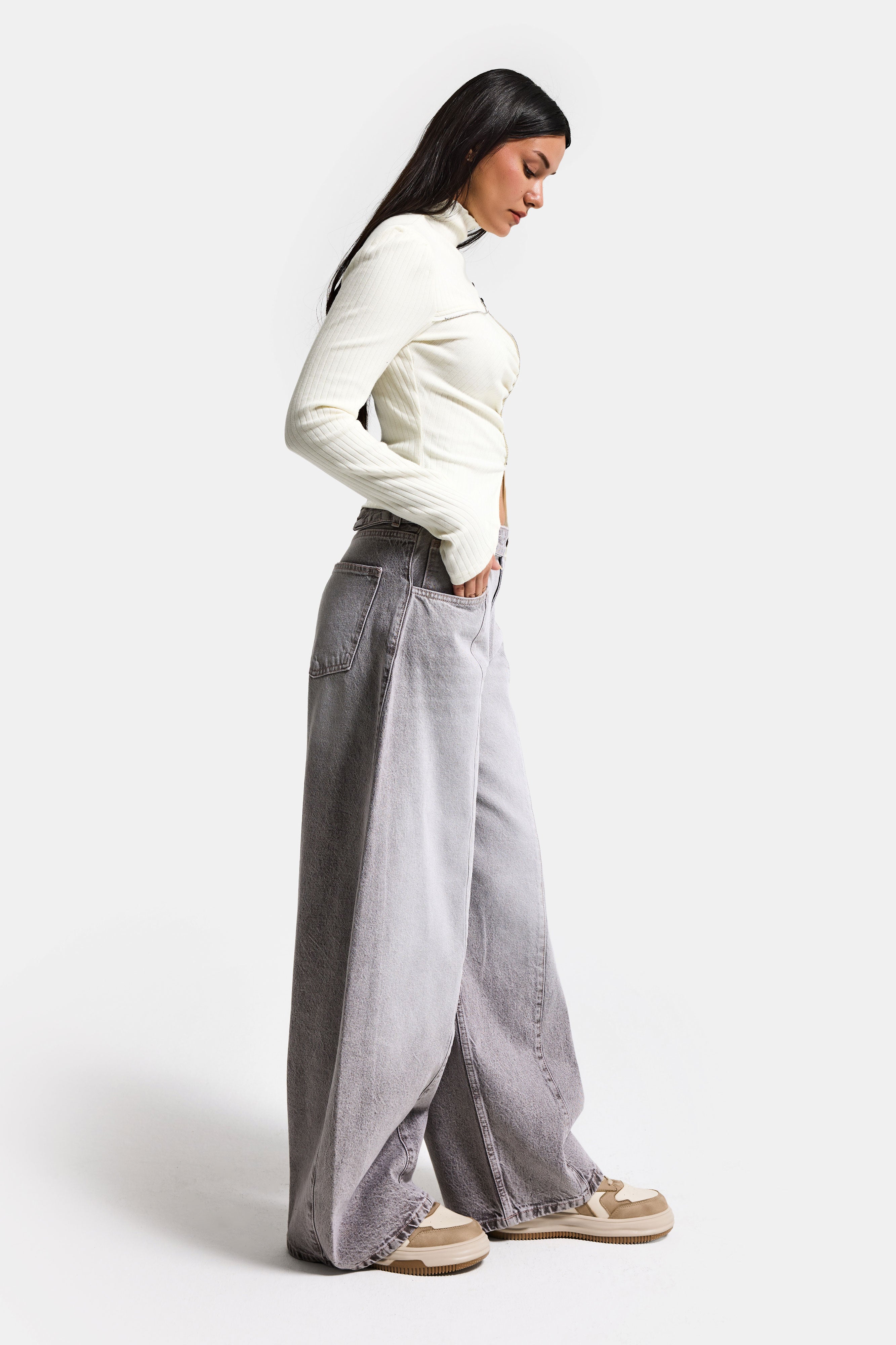 Kadın Gri 4s6-158 Low Rise Baggy Fit Kemer Detaylı Bol Kesim Denim Jean