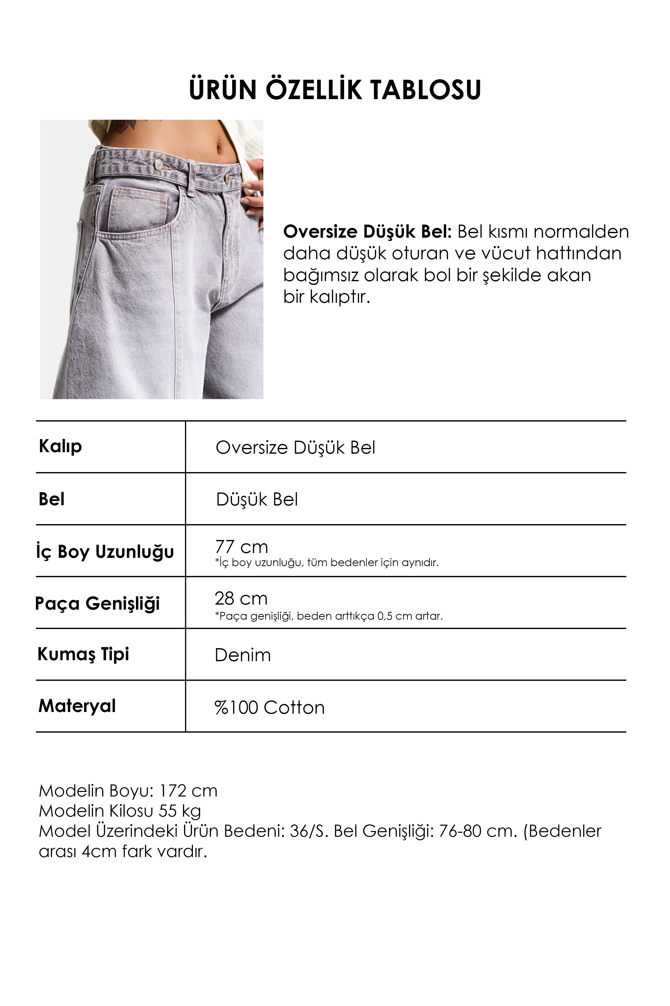 Kadın Gri 4s6-158 Low Rise Baggy Fit Kemer Detaylı Bol Kesim Denim Jean