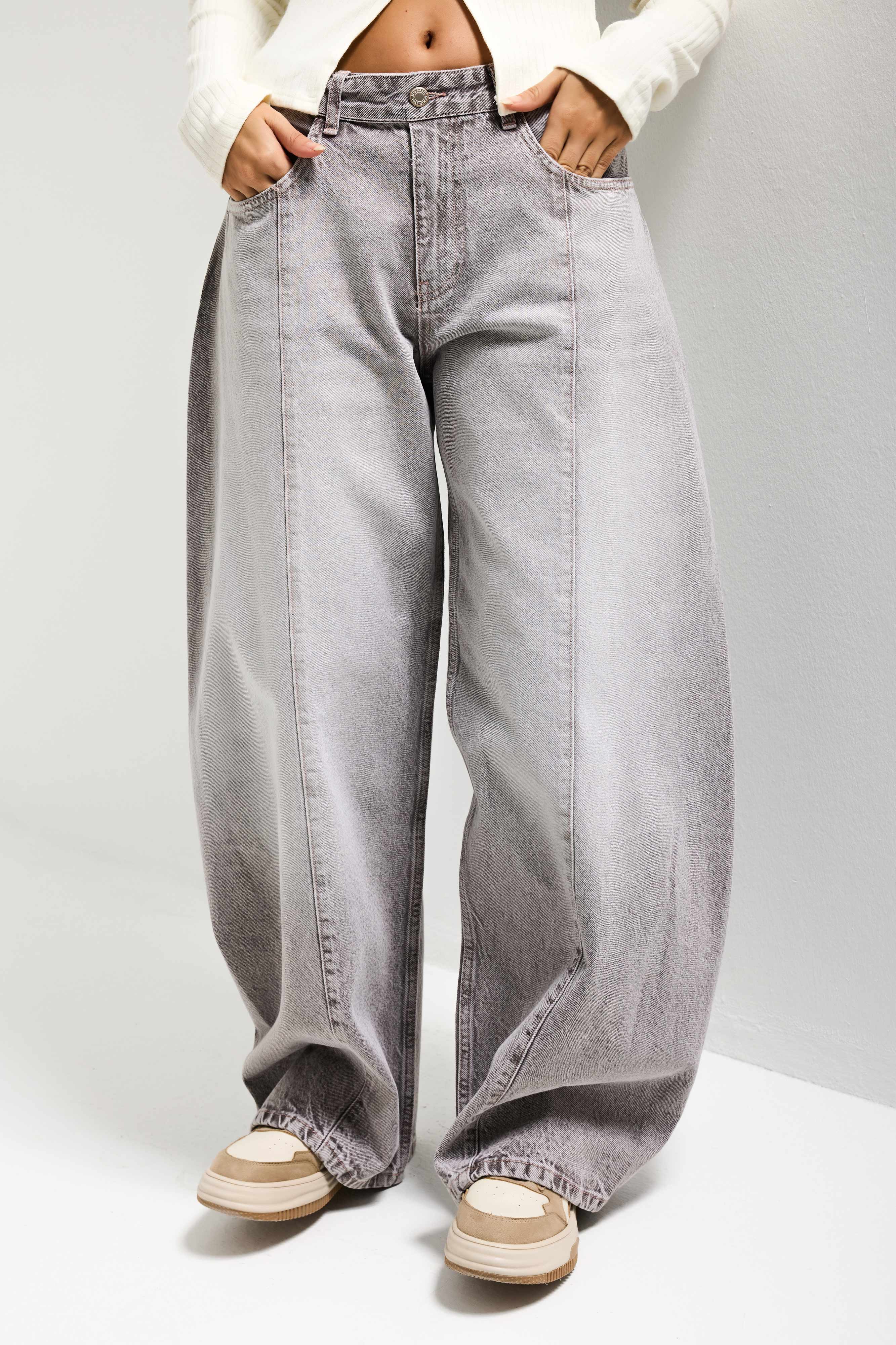 Kadın Gri 4s6-158 Low Rise Baggy Fit Kemer Detaylı Bol Kesim Denim Jean