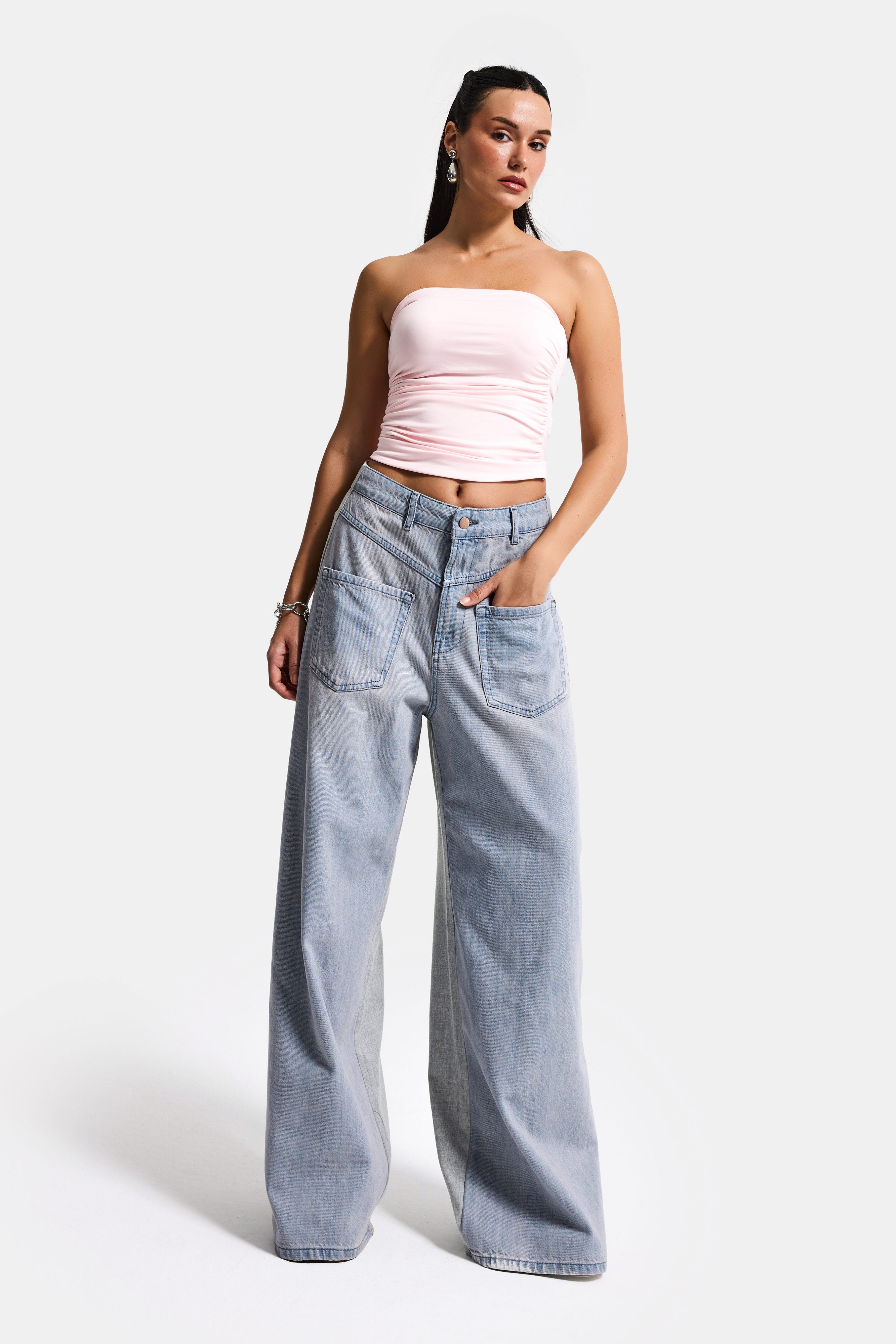 Kadın Gri Kot 2s6-89 Mega Baggy Çift Parça Önden Cepli Tasarım Denim Jean