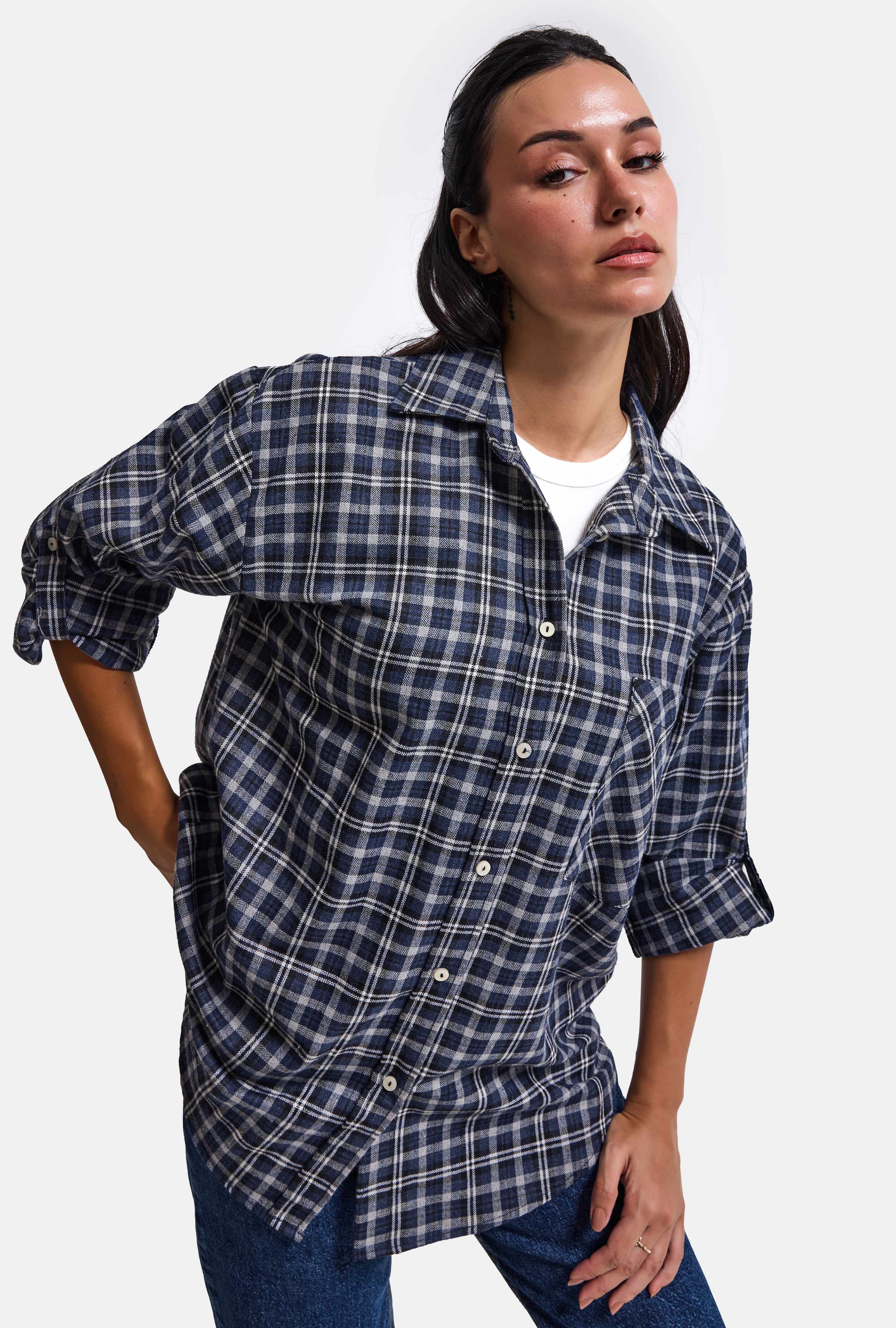 Kadın Gri Laci Ekose w6-54 Oversize Gömlek