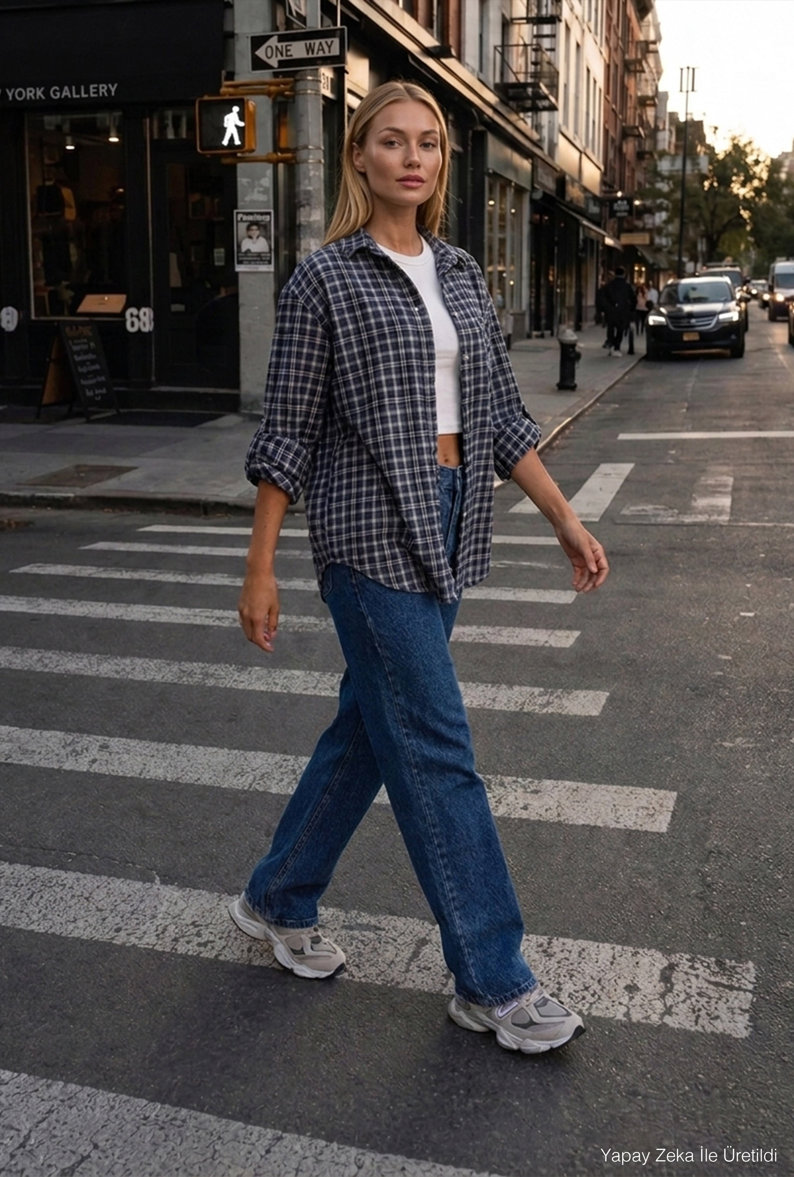 Kadın Gri Laci Ekose w6-54 Oversize Gömlek