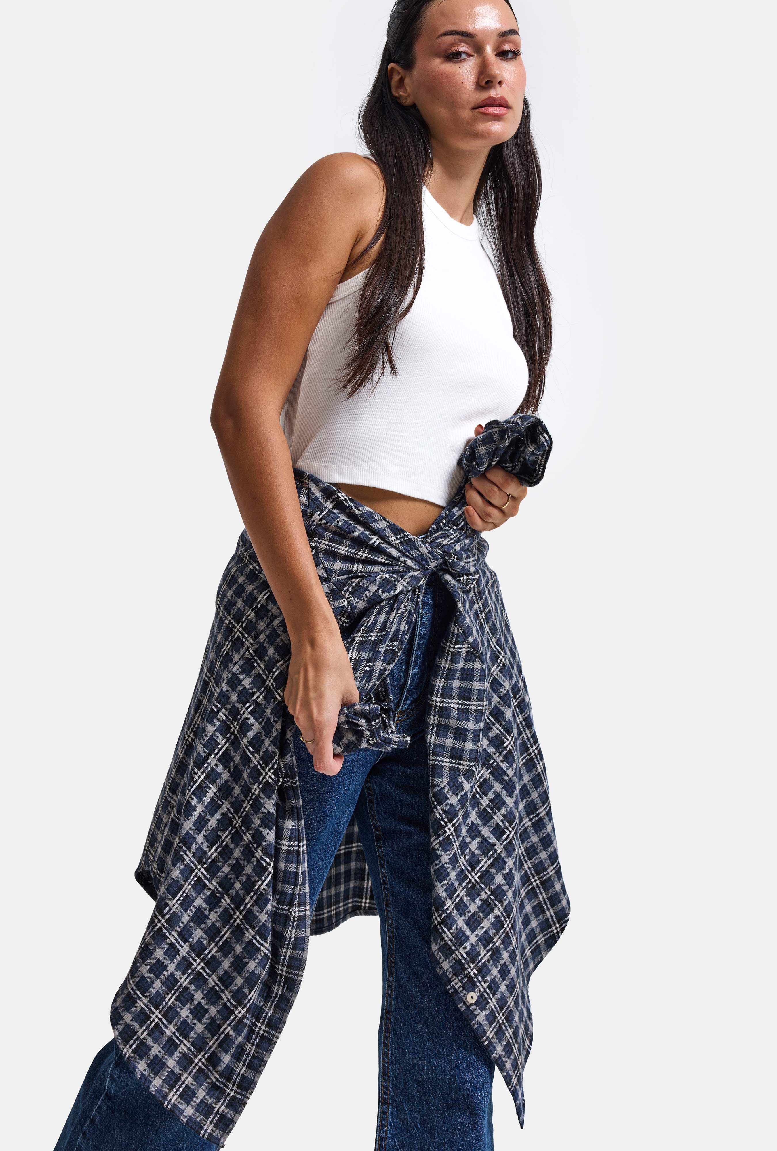 Kadın Gri Laci Ekose w6-54 Oversize Gömlek