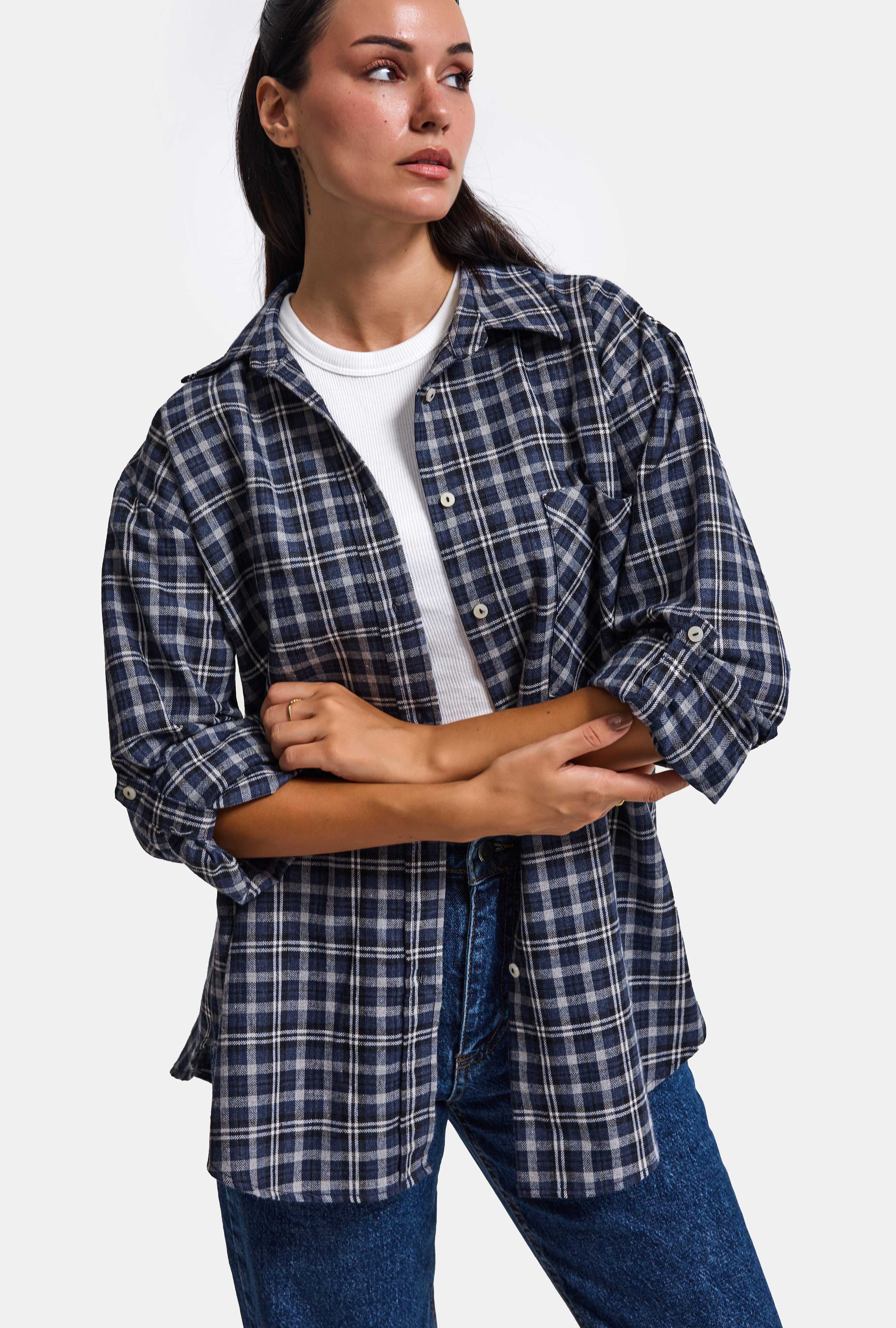 Kadın Gri Laci Ekose w6-54 Oversize Gömlek
