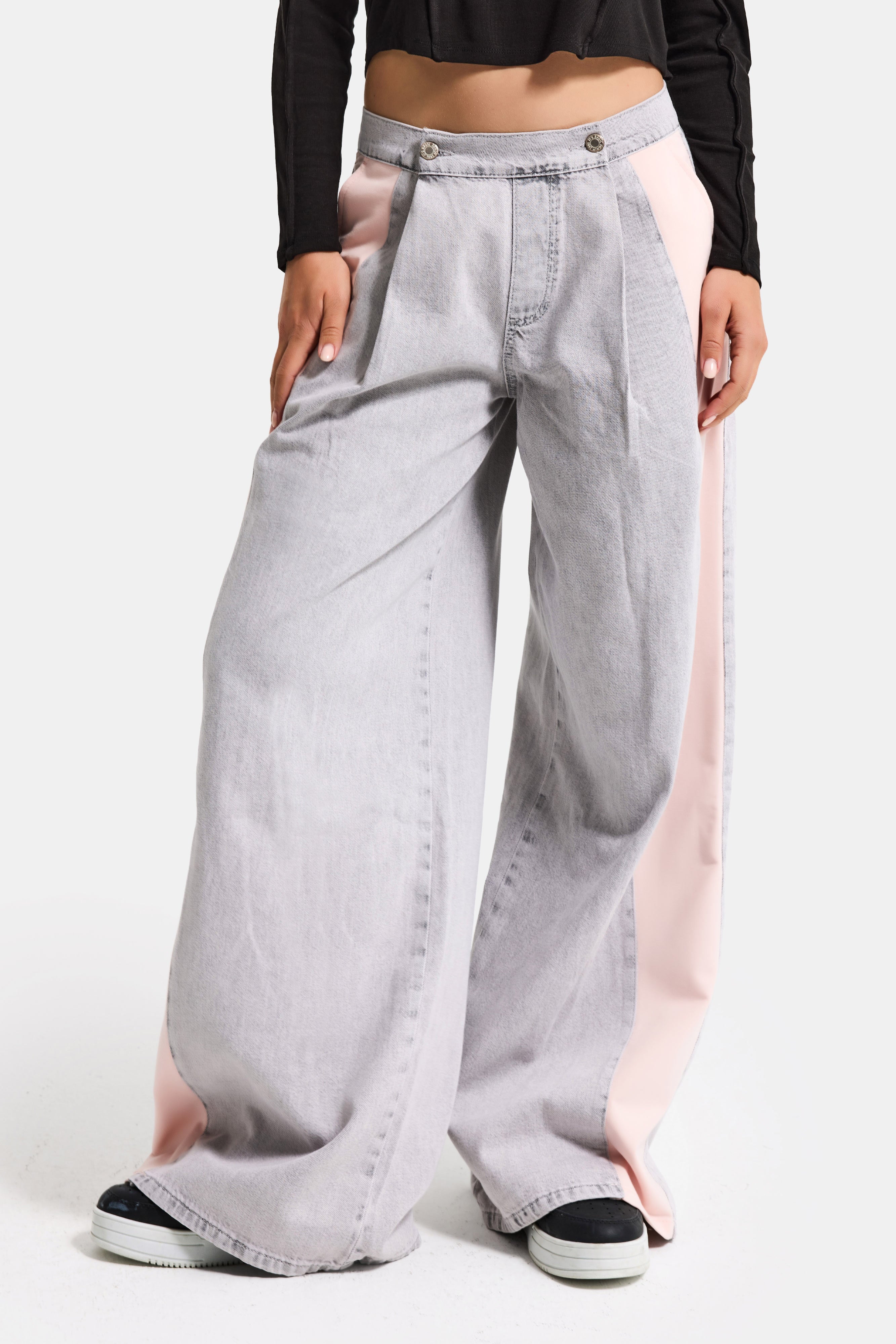 Kadın Gri Pembe 3s6-12 Palazzo Fit Çift Parça Özel Tasarım Denim Jean