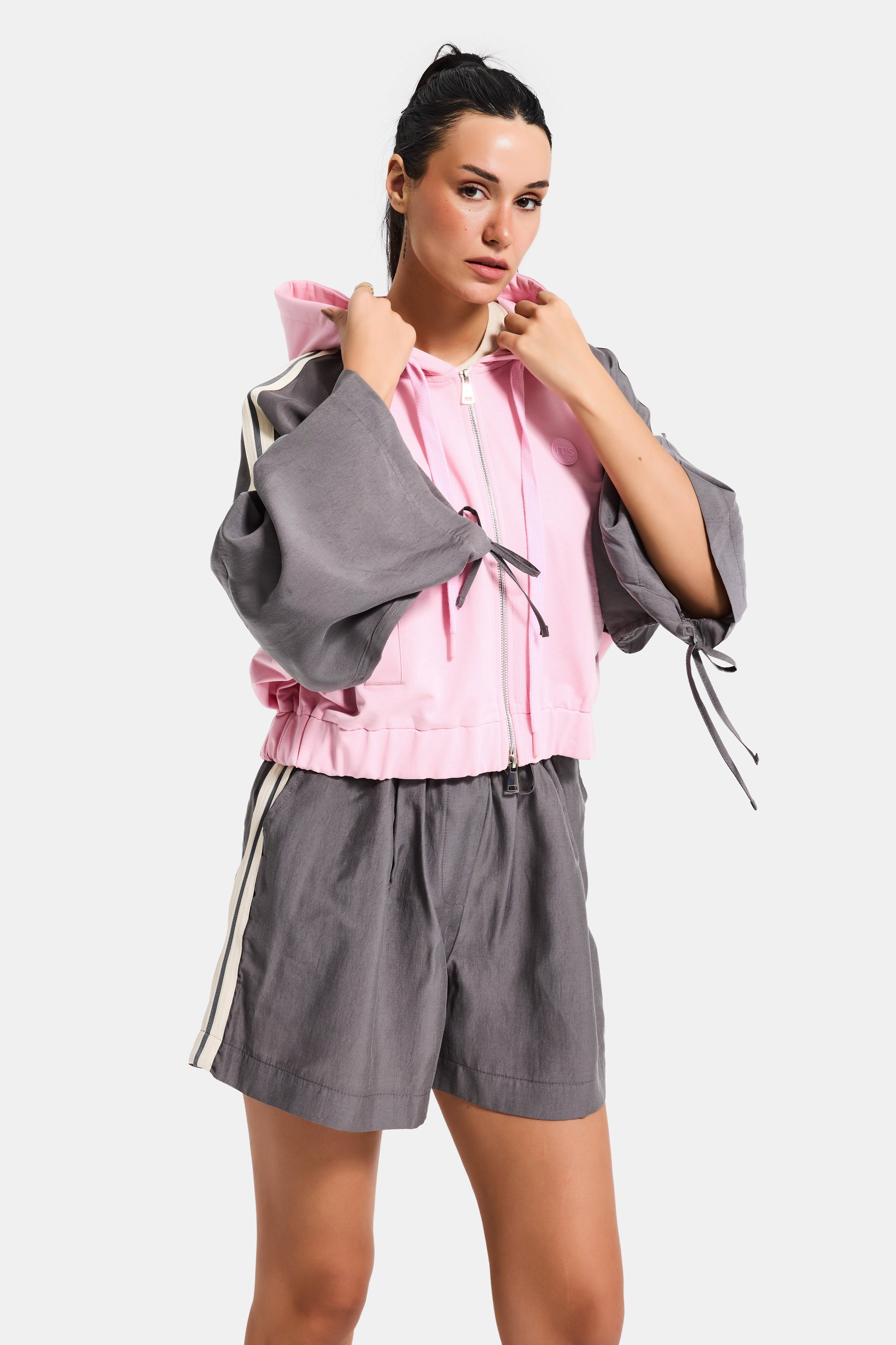 Kadın Gri Pembe s6-98 Oversize Şerit Detaylı Kapüşonlu Özel Tasarım Fermuarlı Sweatshirt