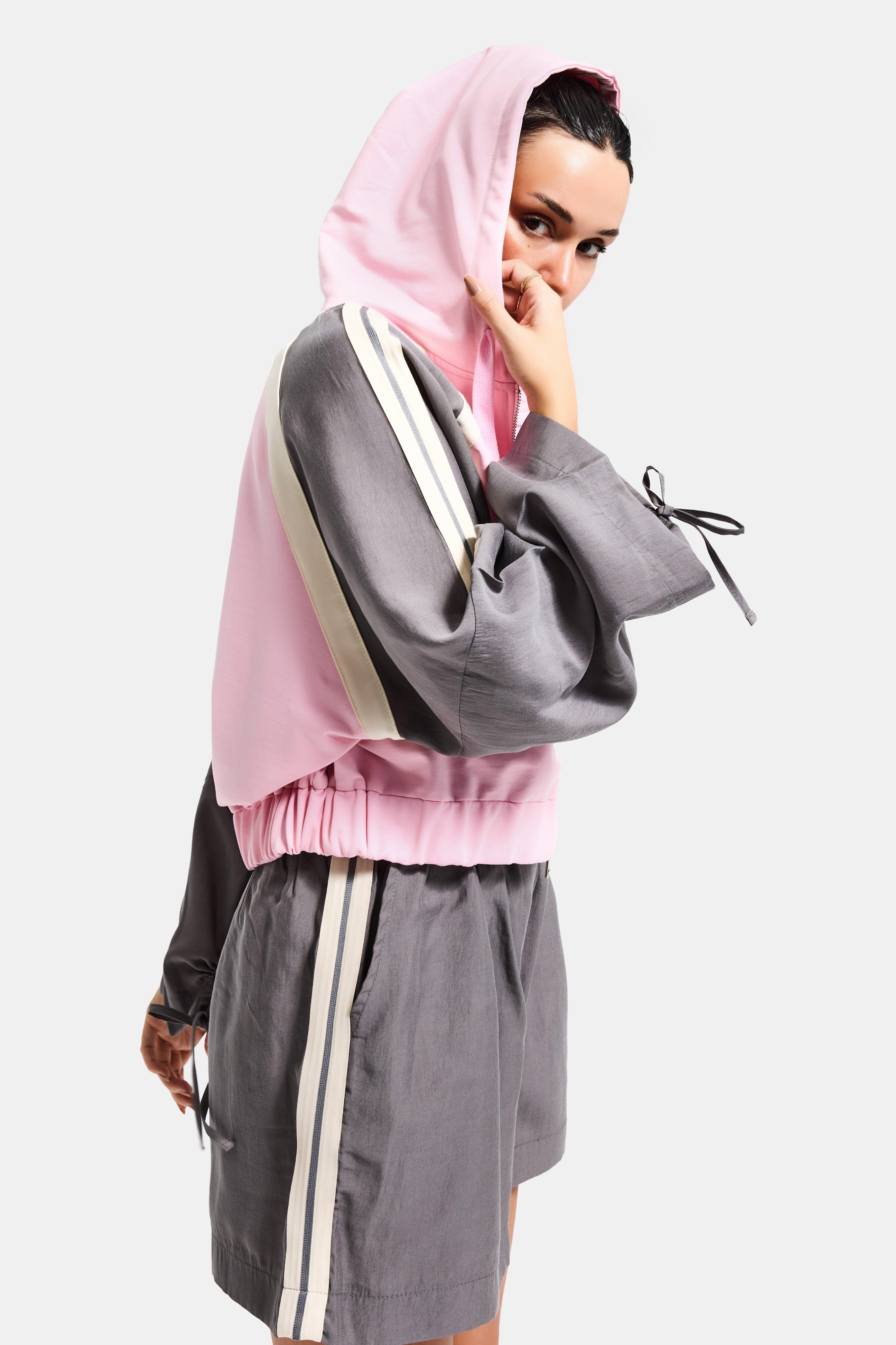 Kadın Gri Pembe s6-98 Oversize Şerit Detaylı Kapüşonlu Özel Tasarım Fermuarlı Sweatshirt