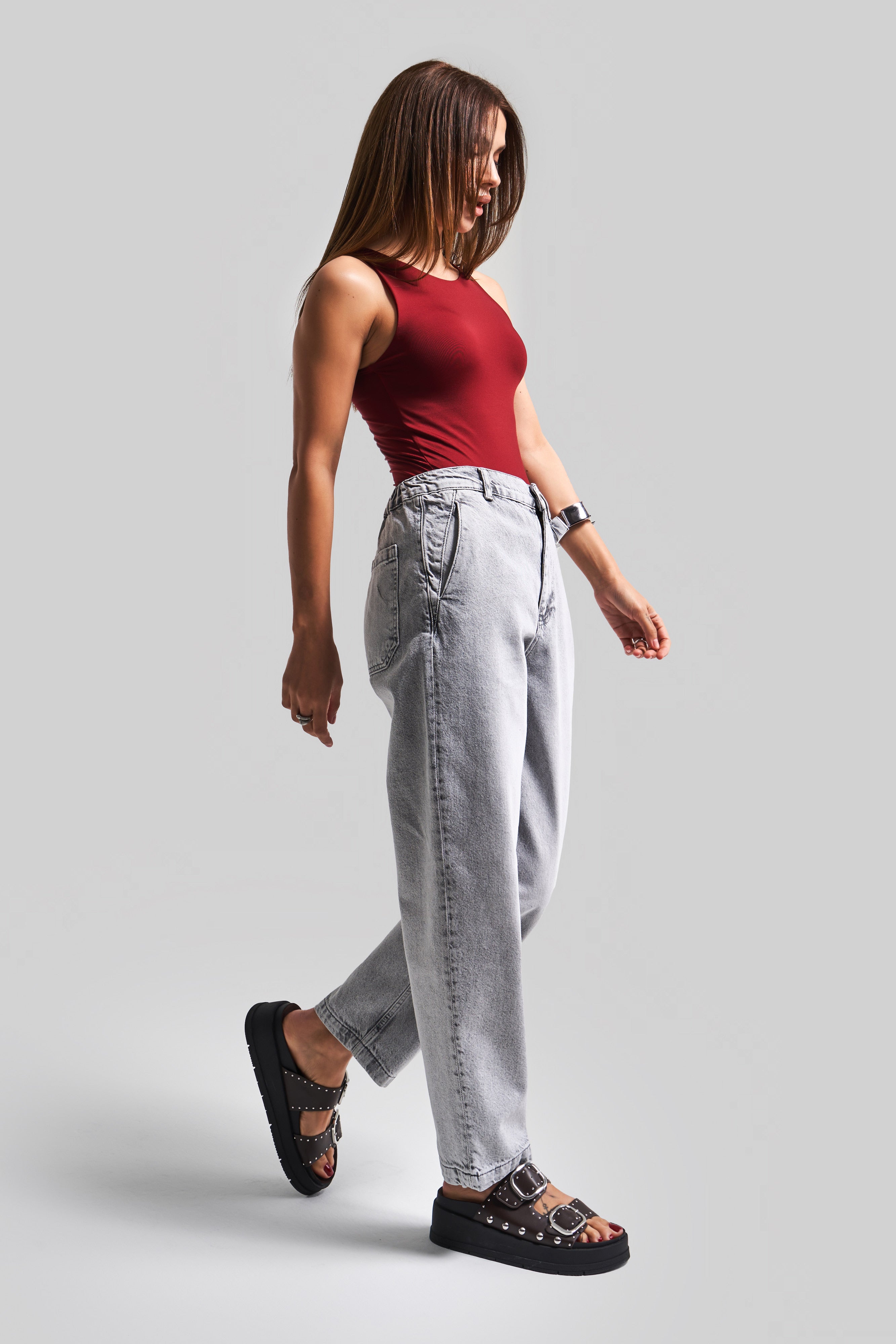Kadın Gri Renk 4s5-12 Carrot Fit %100 Koton Beli Lastikli Rahat Kalıp Denim Jean
