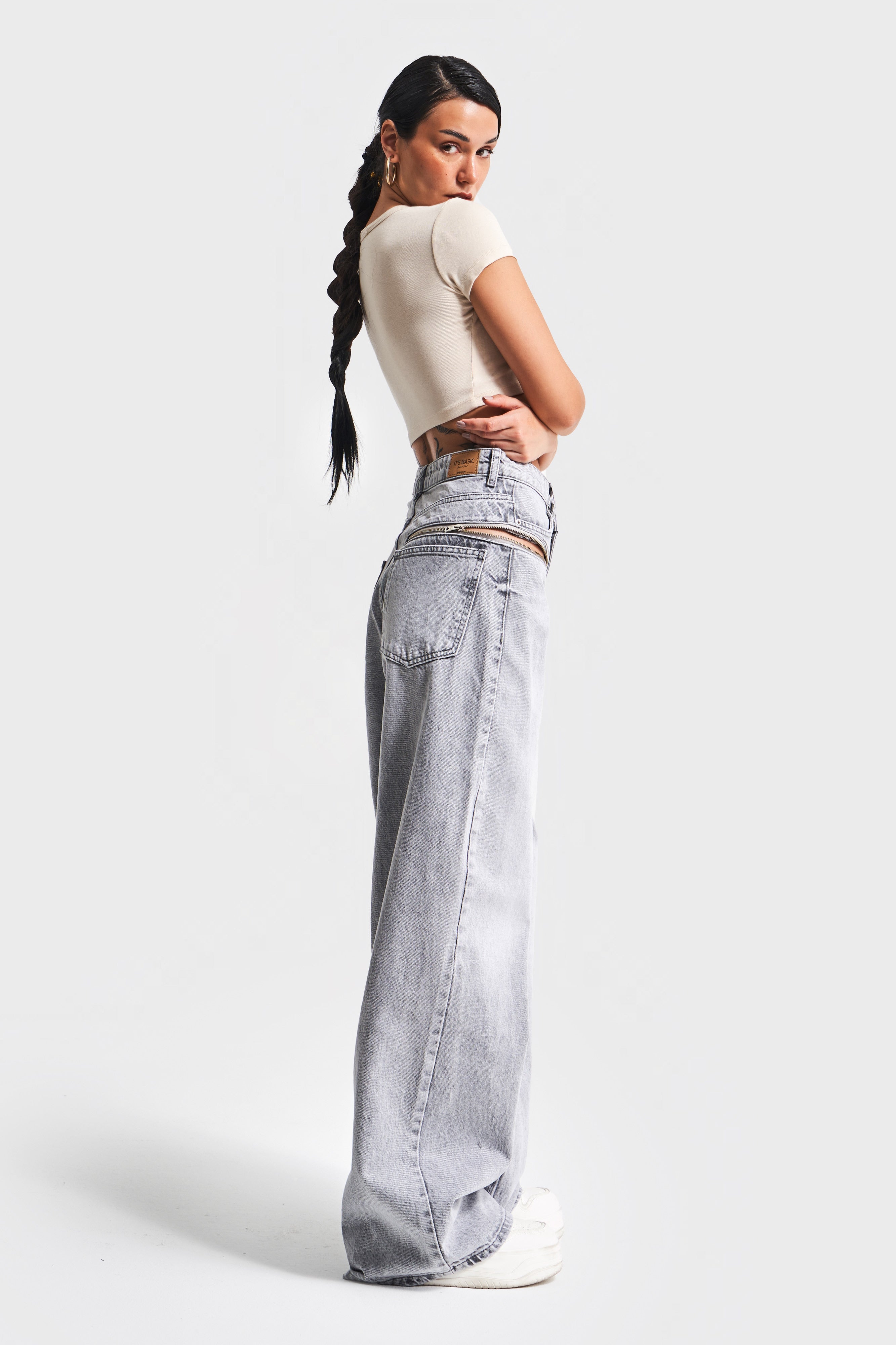 Kadın Gri Renk 4S5-12 Palazzo Fit Bol Kesim %100 Koton Fermuar Detaylı Tasarım Denim Jean