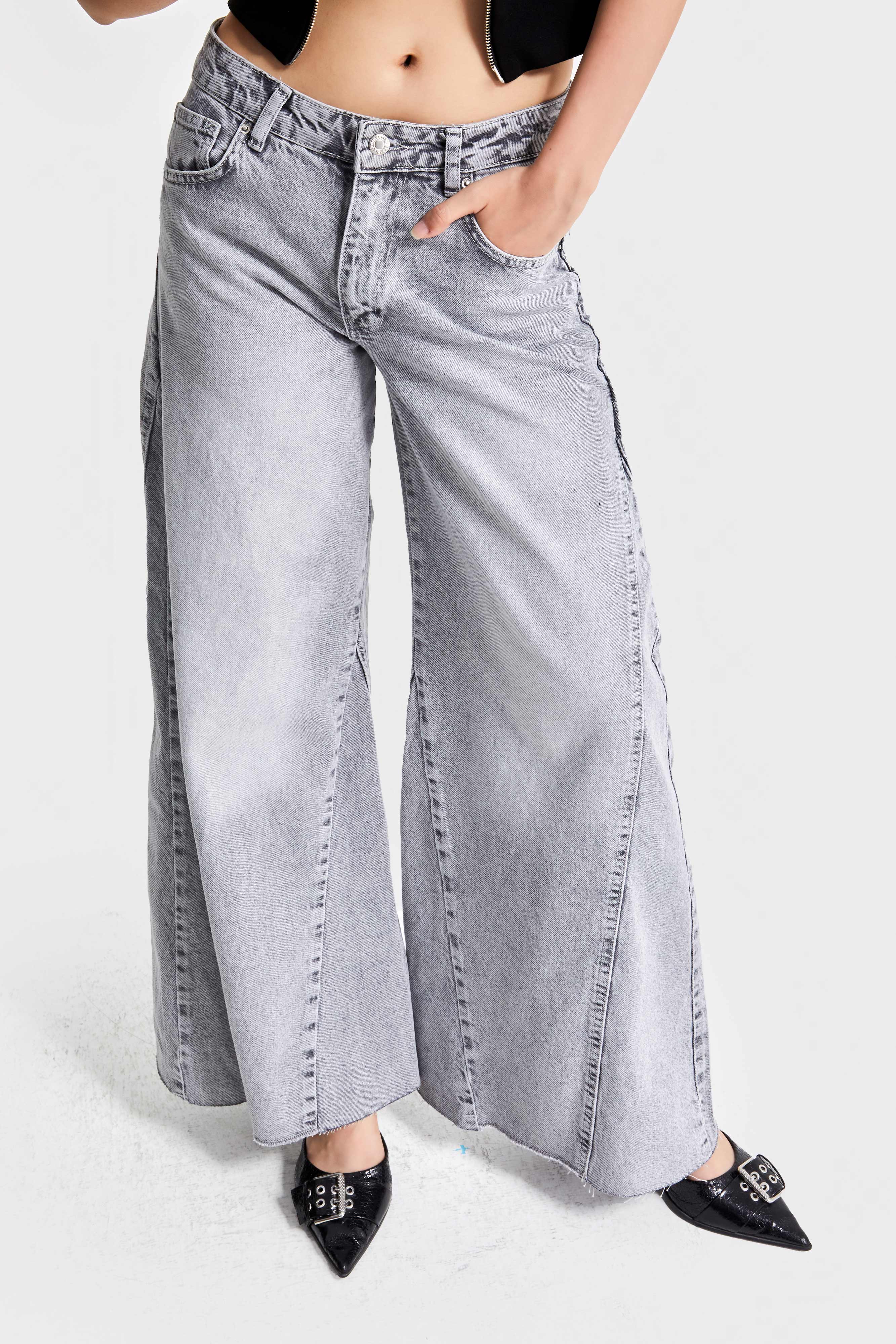 Kadın Gri Renk 4s5-12 Palazzo Fit İç Boy 83cm %100 Koton Orta Bel Denim Jean