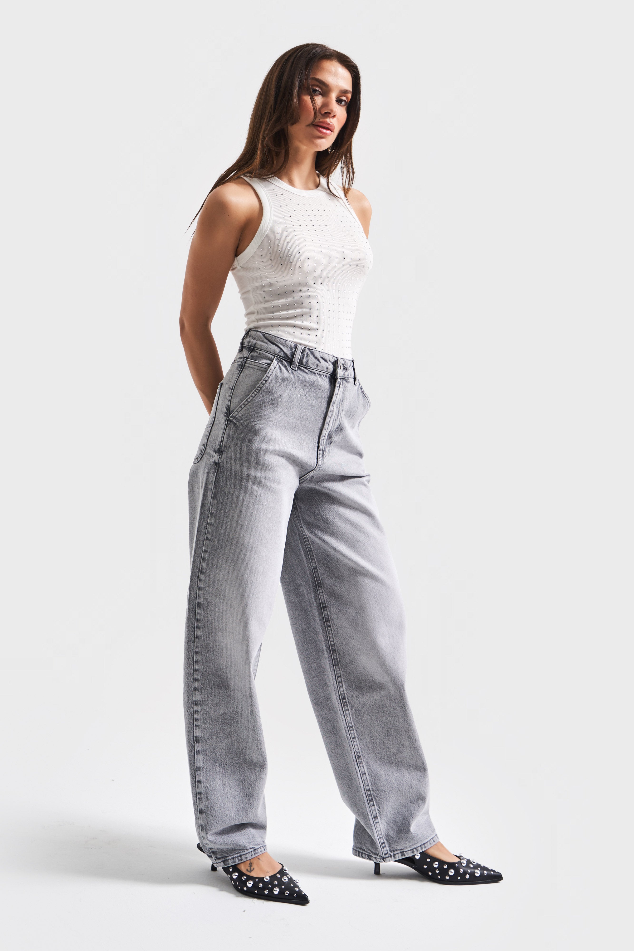 Kadın Gri Renk 4S5-12 Skater Fit Likralı Bol Kesim Denim Jean