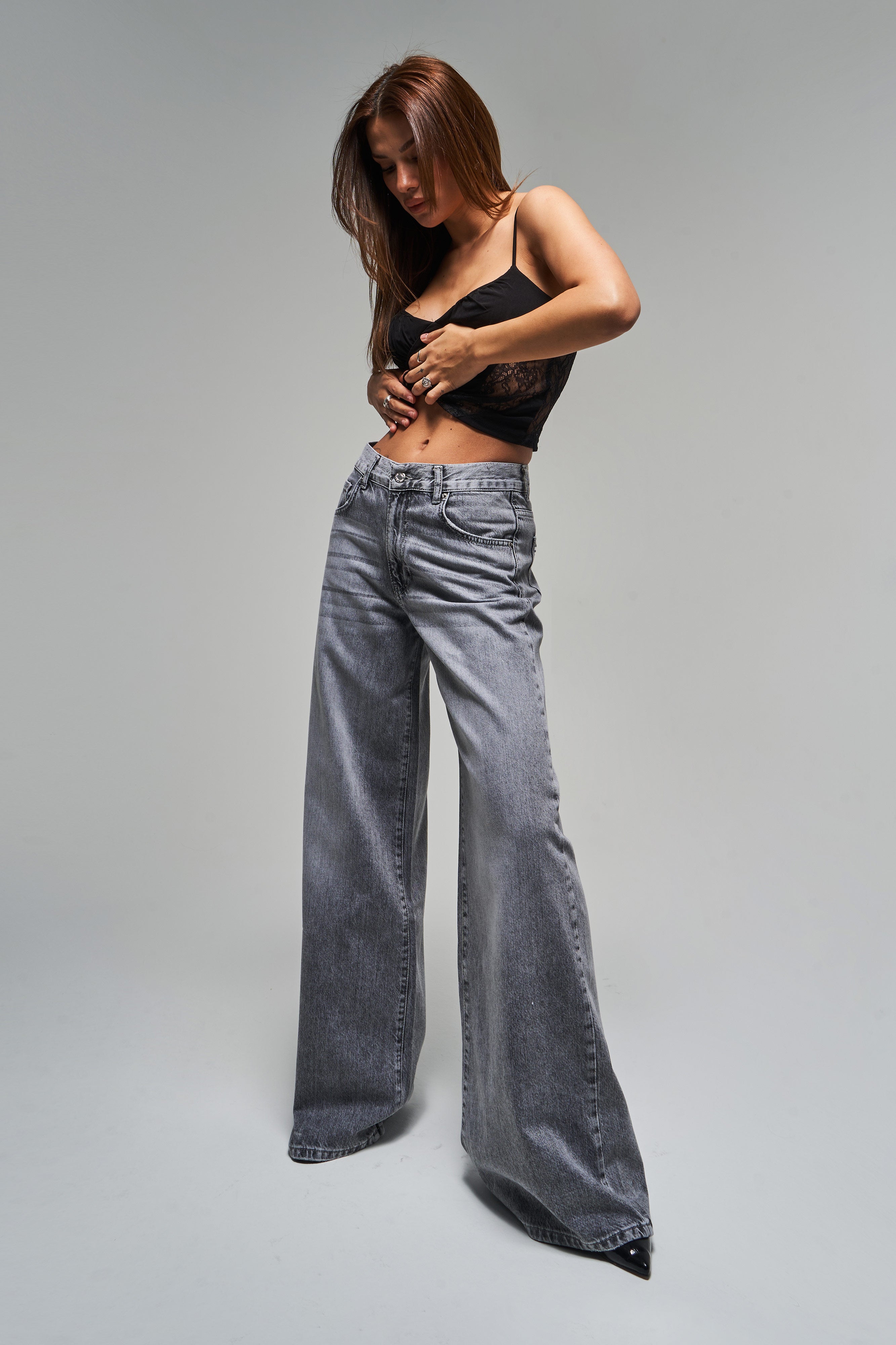 Kadın Gri Renk 4s5-13 Palazzo Fit Bol Kesim %100 Koton Orta Bel Denim Jean