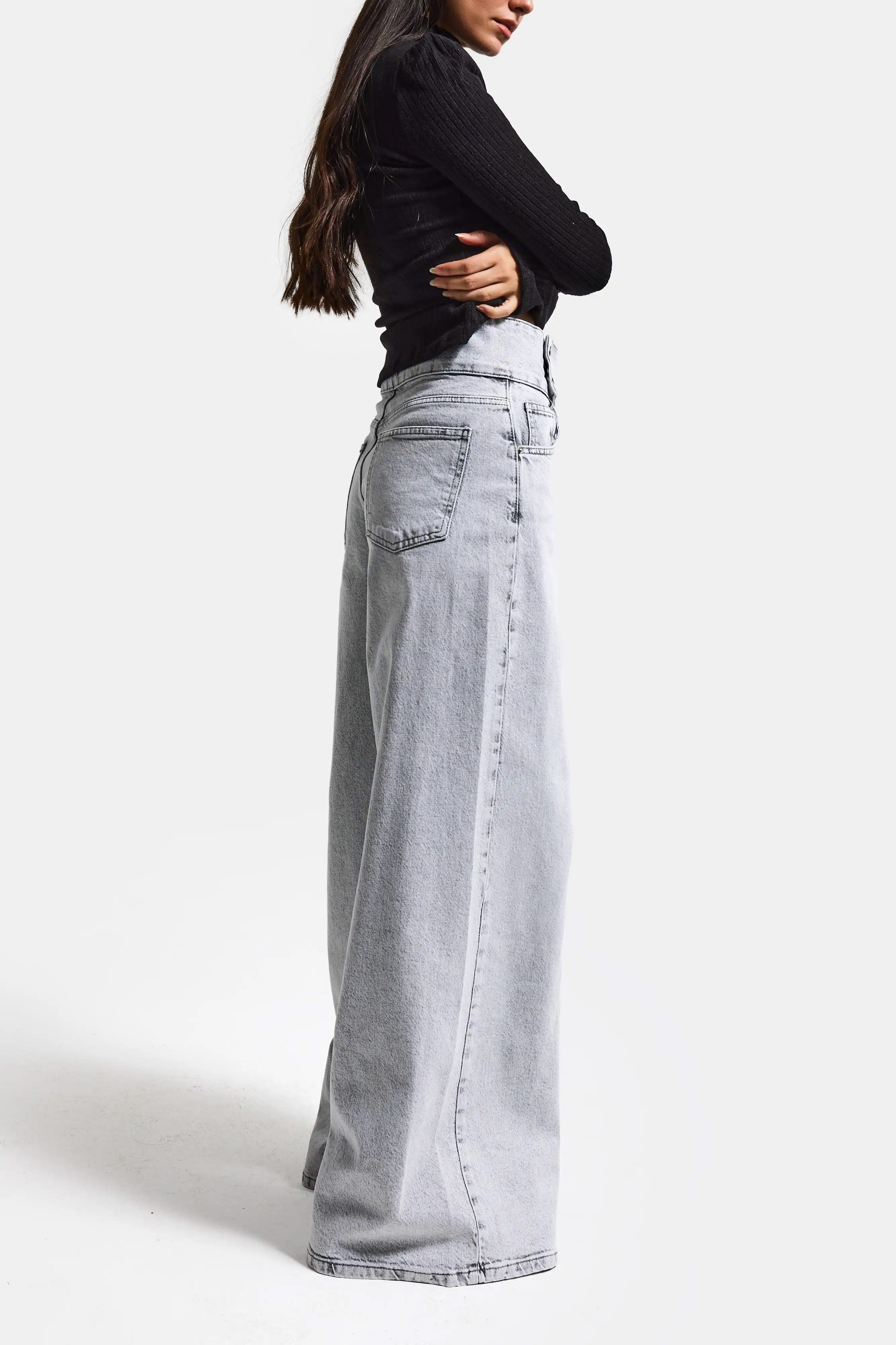 Kadın Gri Renk 4s6-12 Palazzo Fit Kemer Detaylı Elastan Kumaş Denim Jean