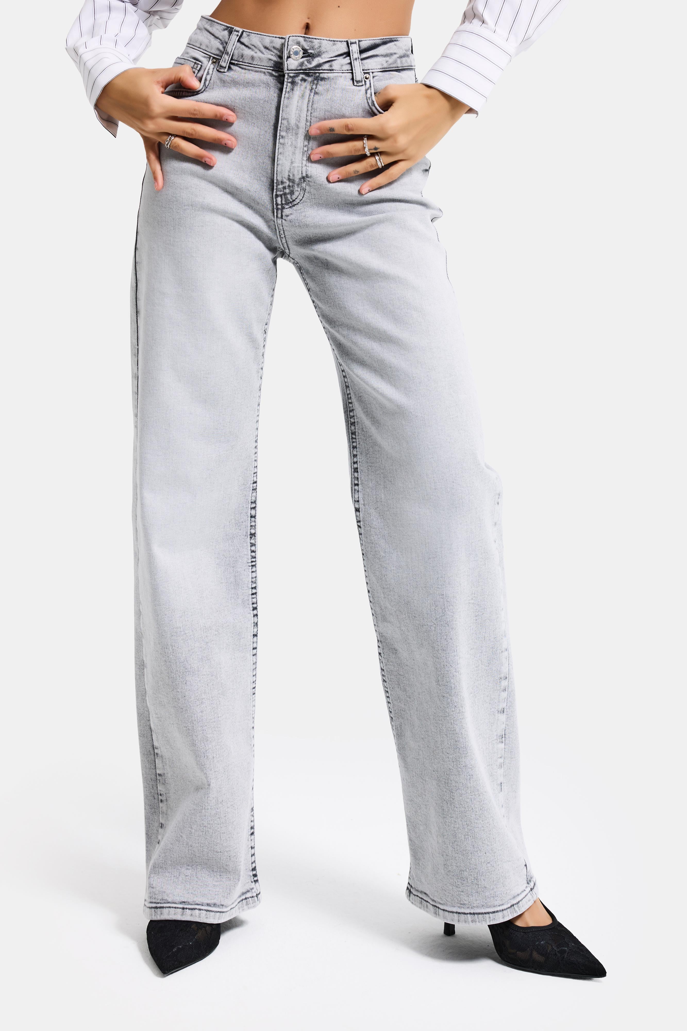 Kadın Gri Renk 4s6-12 Straight Fit Yüksek Bel Elastan Kumaş Denim Jean