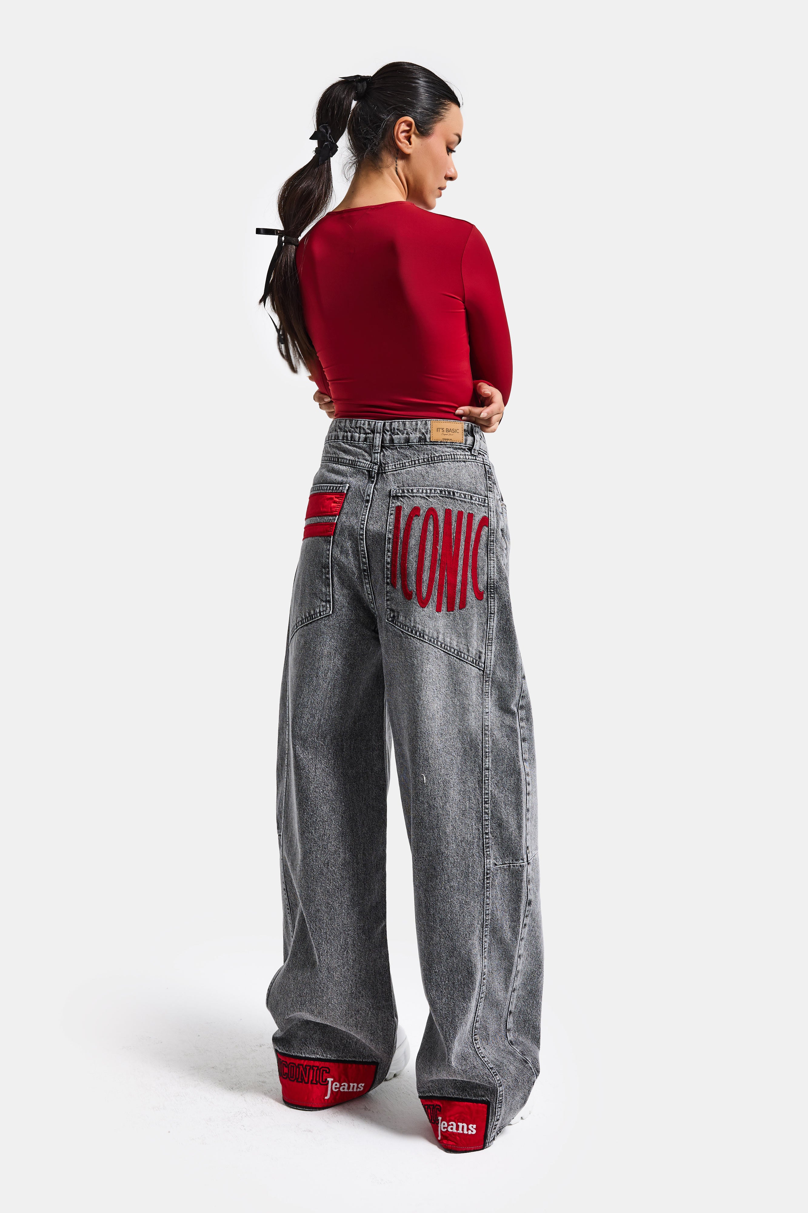 Kadın Gri Renk 4s6-13 Mega Baggy Fit Paça ve Cep Detaylı Özel Tasarım Denim Jean