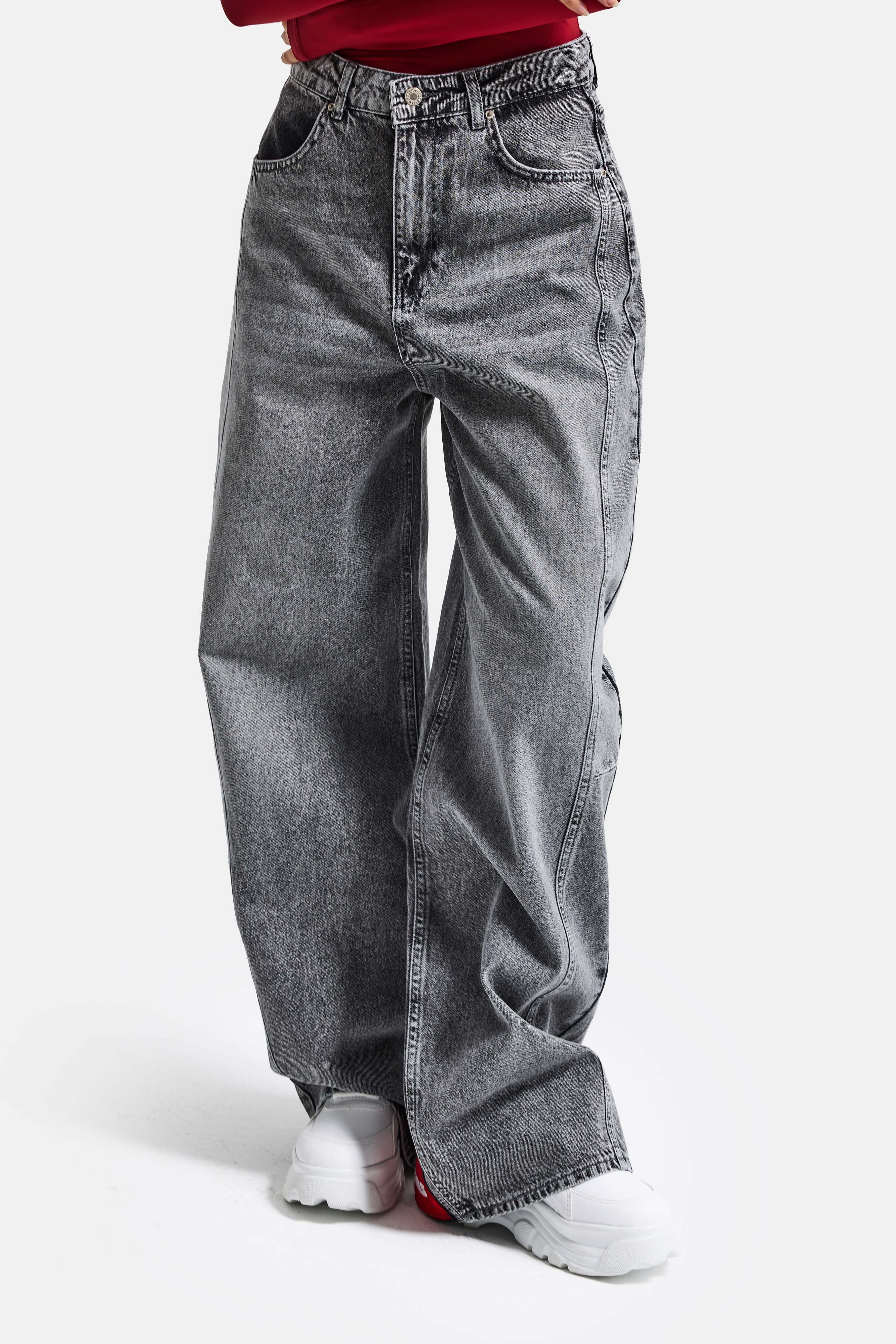 Kadın Gri Renk 4s6-13 Mega Baggy Fit Paça ve Cep Detaylı Özel Tasarım Denim Jean