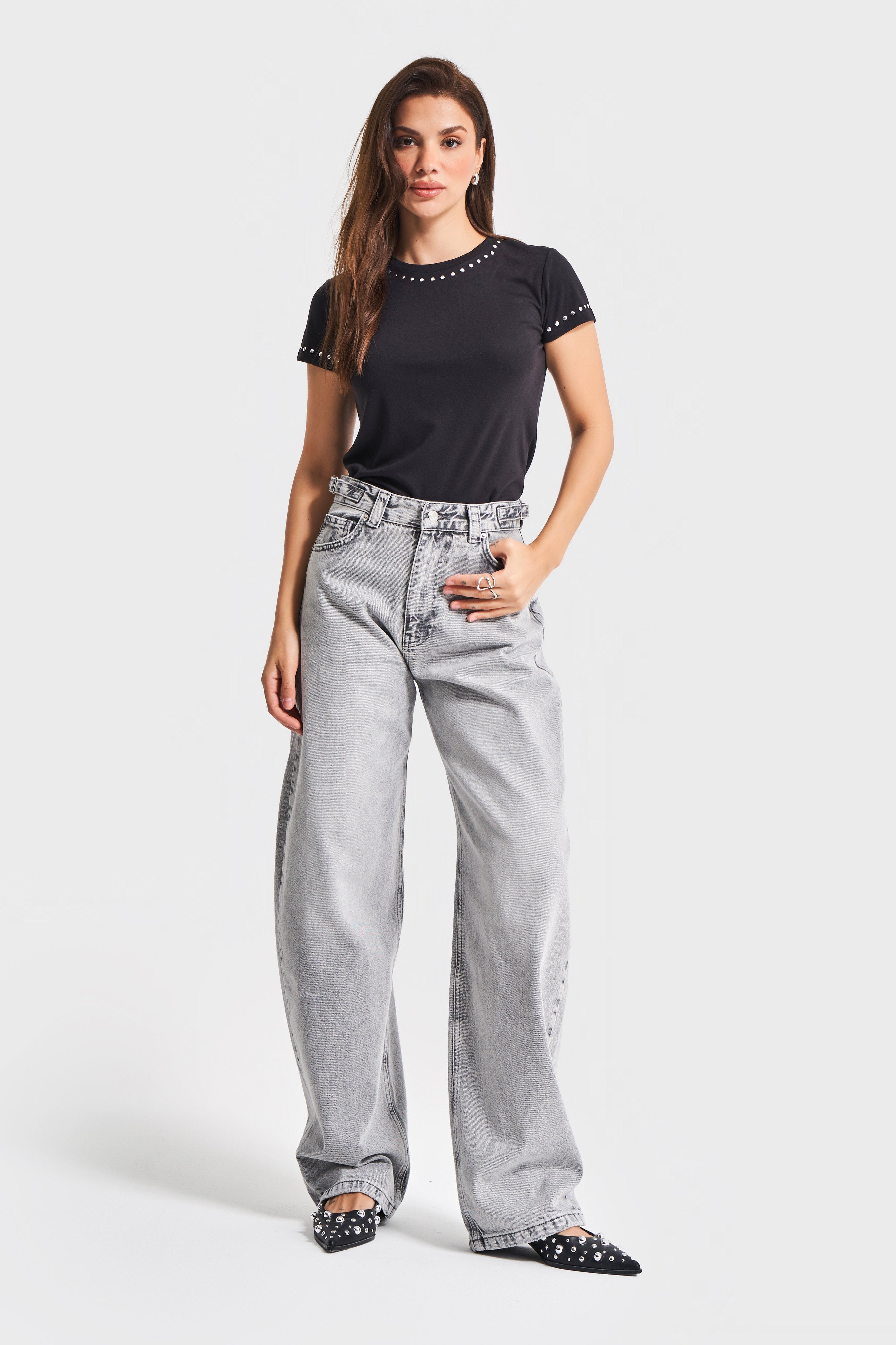 Kadın Gri Renk Baggy Fit Extra Uzun Denim Pantolon