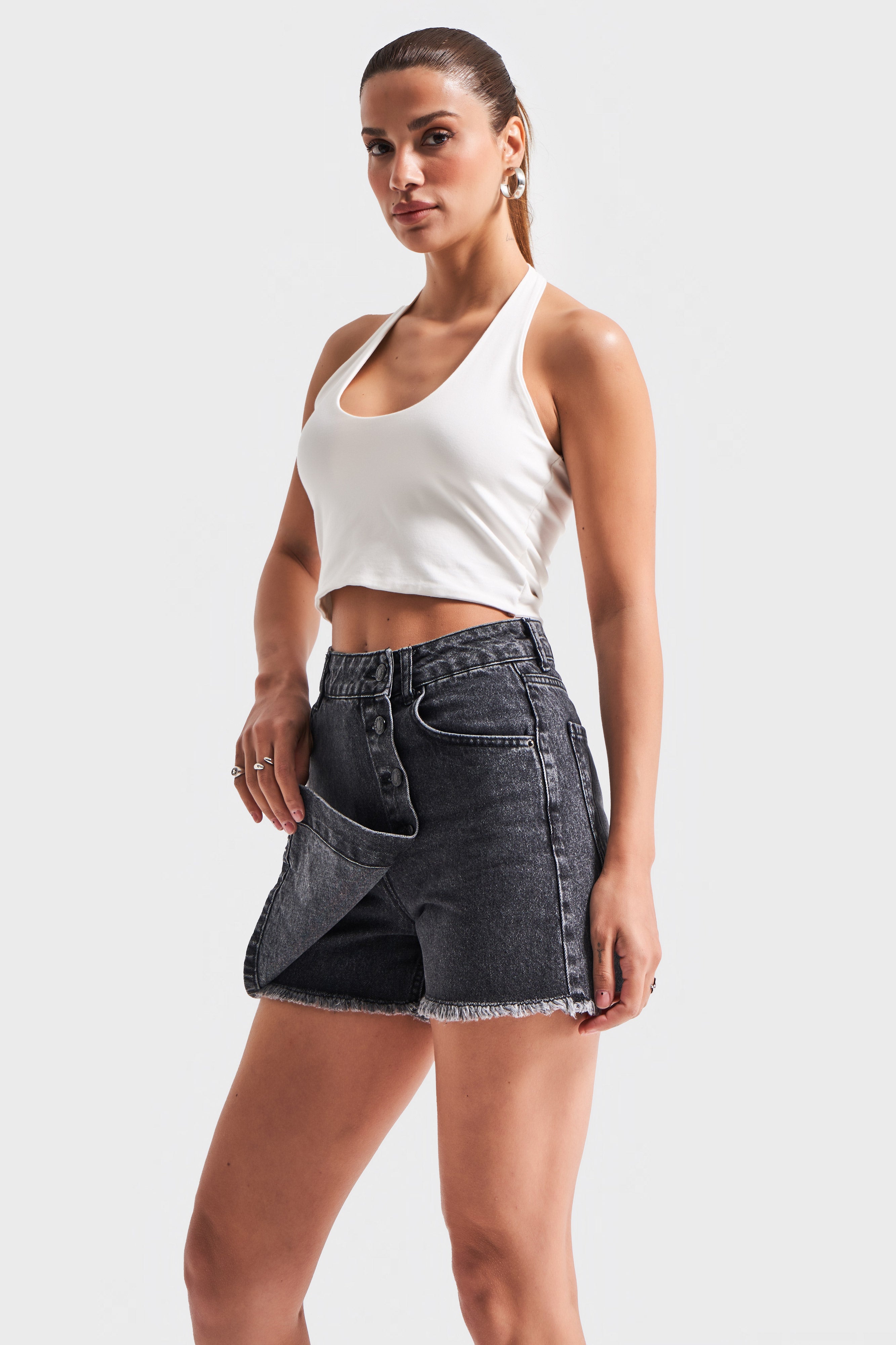 Women's Gray Color Front Button Denim Shorts Skirt