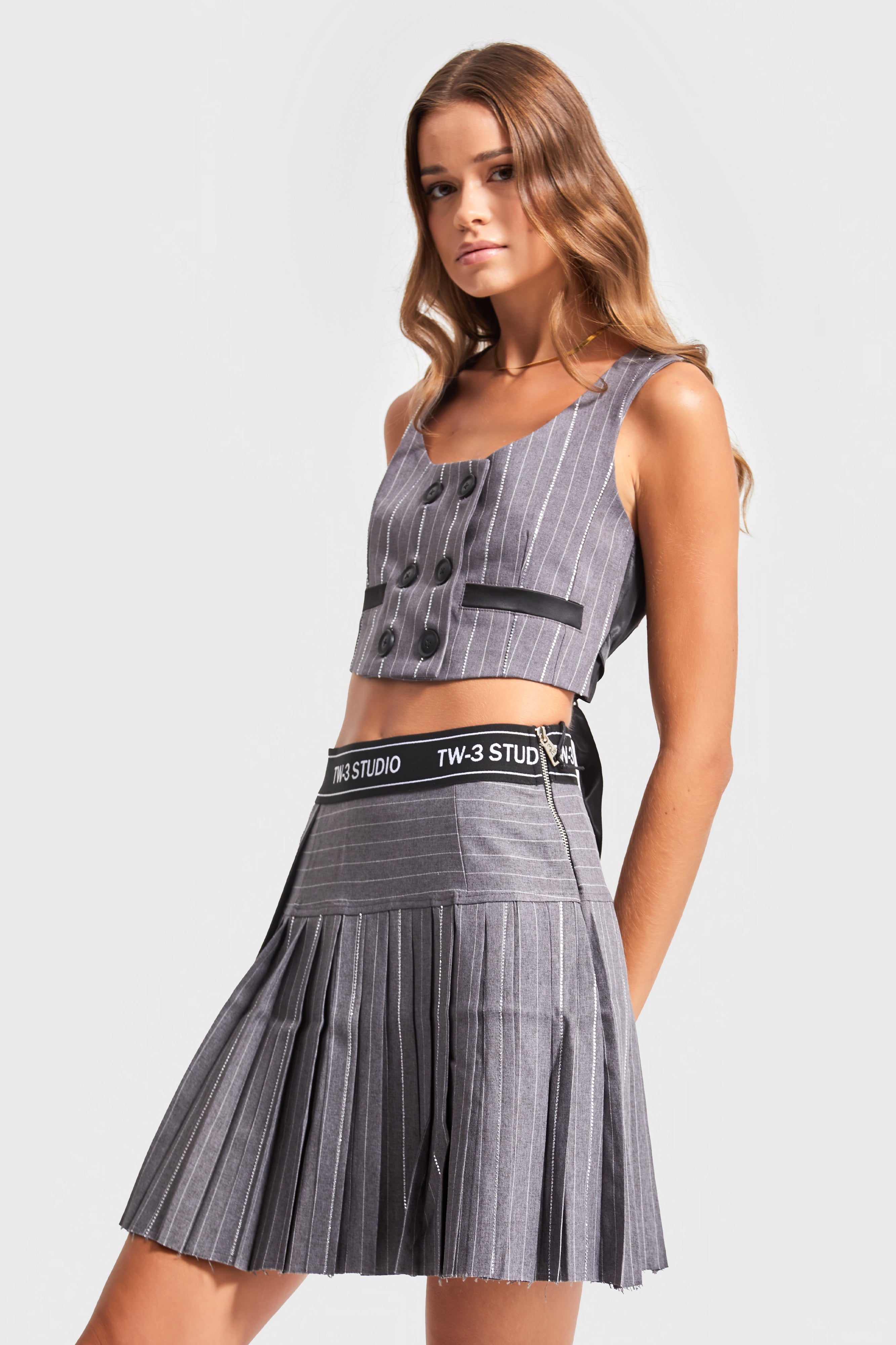 Women's Gray Color Shiny Stone Pleated Design Mini Skirt