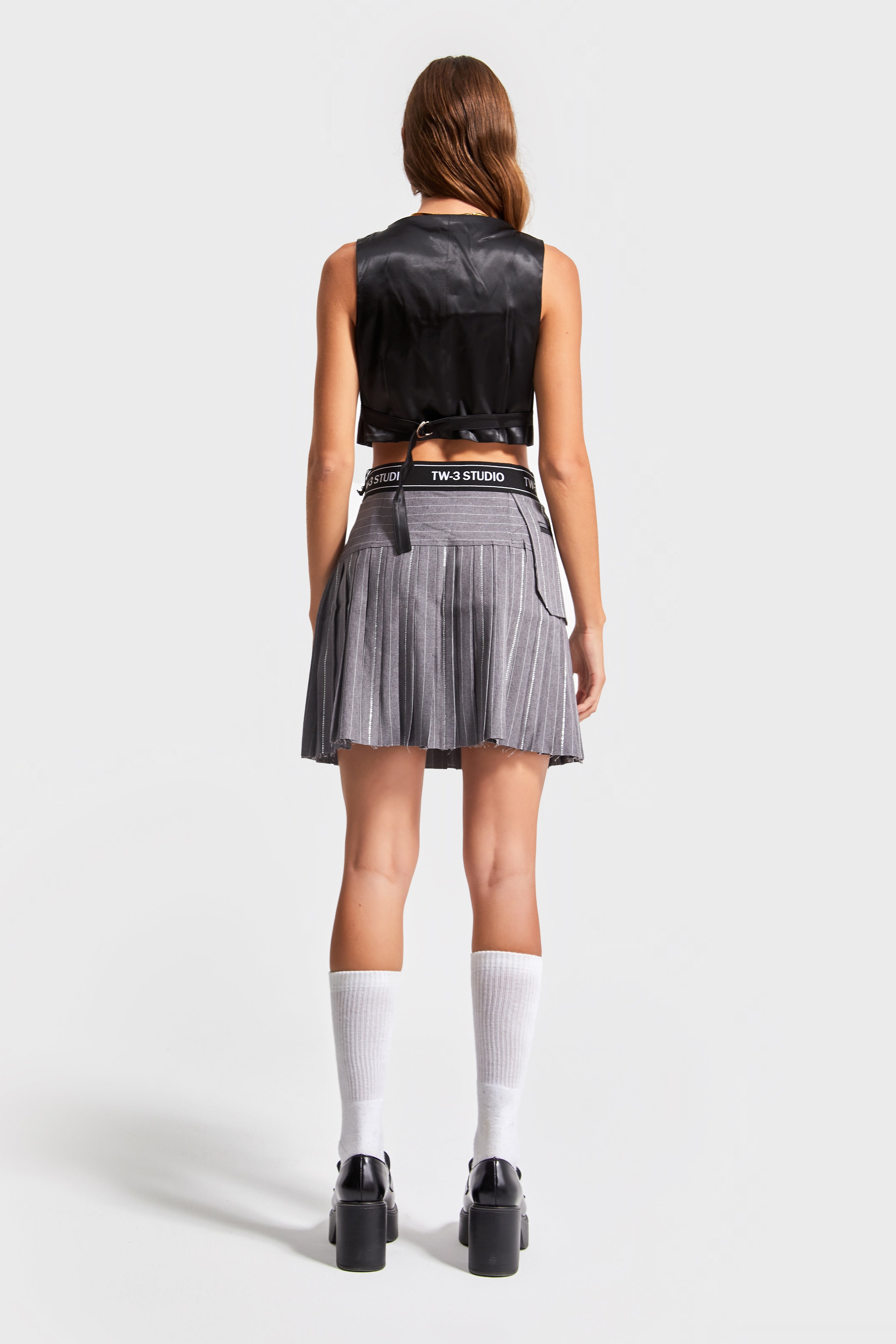 Women's Gray Color Shiny Stone Pleated Design Mini Skirt